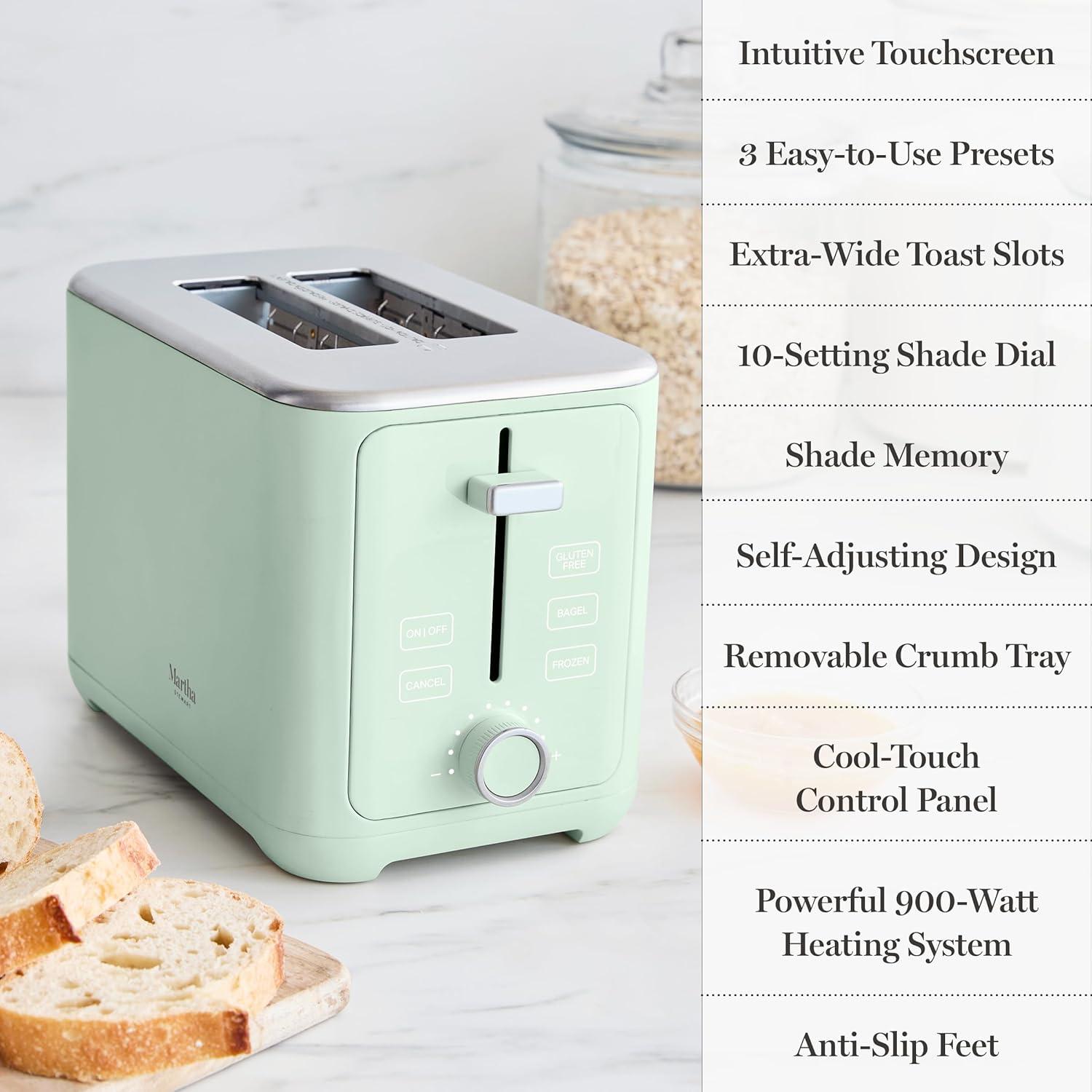 imageMartha Stewart 2 Slice Toaster 10 Shade Settings with Defrost Cancel Bagel amp GlutenFree ExtraWide SelfCentering Slots for Waffles amp Artisan Bread Removable Crumb Tray Cord Wrap Linen WhiteHoneydew Green