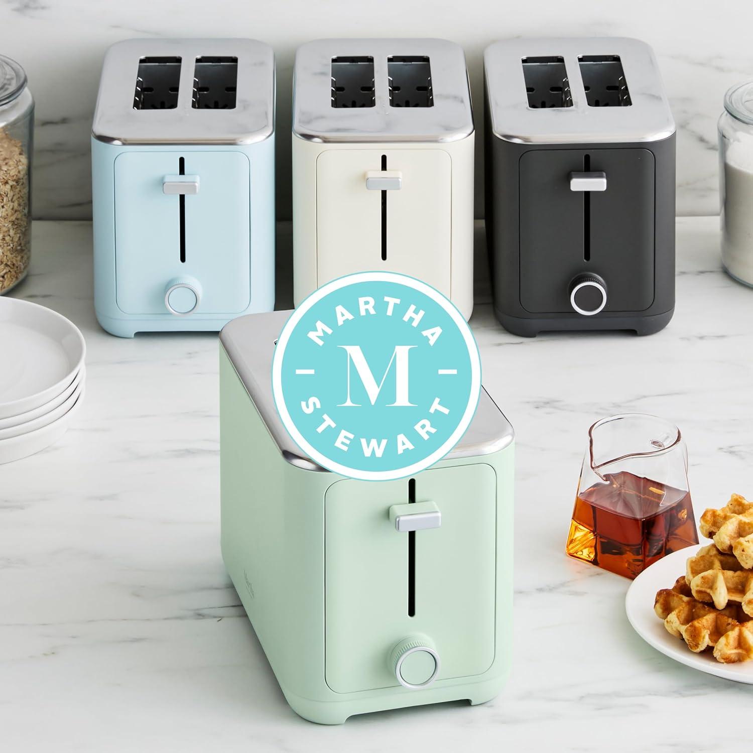 imageMartha Stewart 2 Slice Toaster 10 Shade Settings with Defrost Cancel Bagel amp GlutenFree ExtraWide SelfCentering Slots for Waffles amp Artisan Bread Removable Crumb Tray Cord Wrap Linen WhiteSky Blue