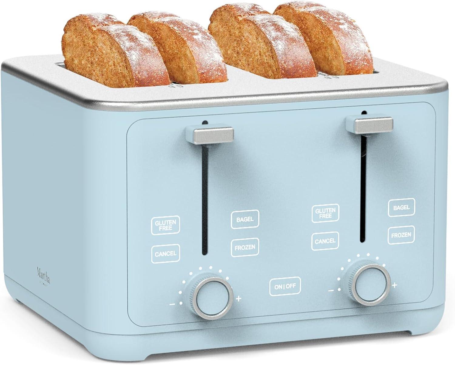 imageMartha Stewart 2 Slice Toaster 10 Shade Settings with Defrost Cancel Bagel amp GlutenFree ExtraWide SelfCentering Slots for Waffles amp Artisan Bread Removable Crumb Tray Cord Wrap Linen WhiteSky Blue