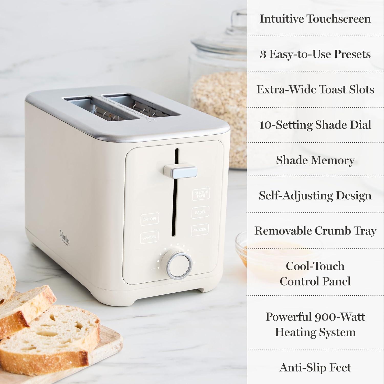 imageMartha Stewart 2 Slice Toaster 10 Shade Settings with Defrost Cancel Bagel amp GlutenFree ExtraWide SelfCentering Slots for Waffles amp Artisan Bread Removable Crumb Tray Cord Wrap Linen WhiteLinen White