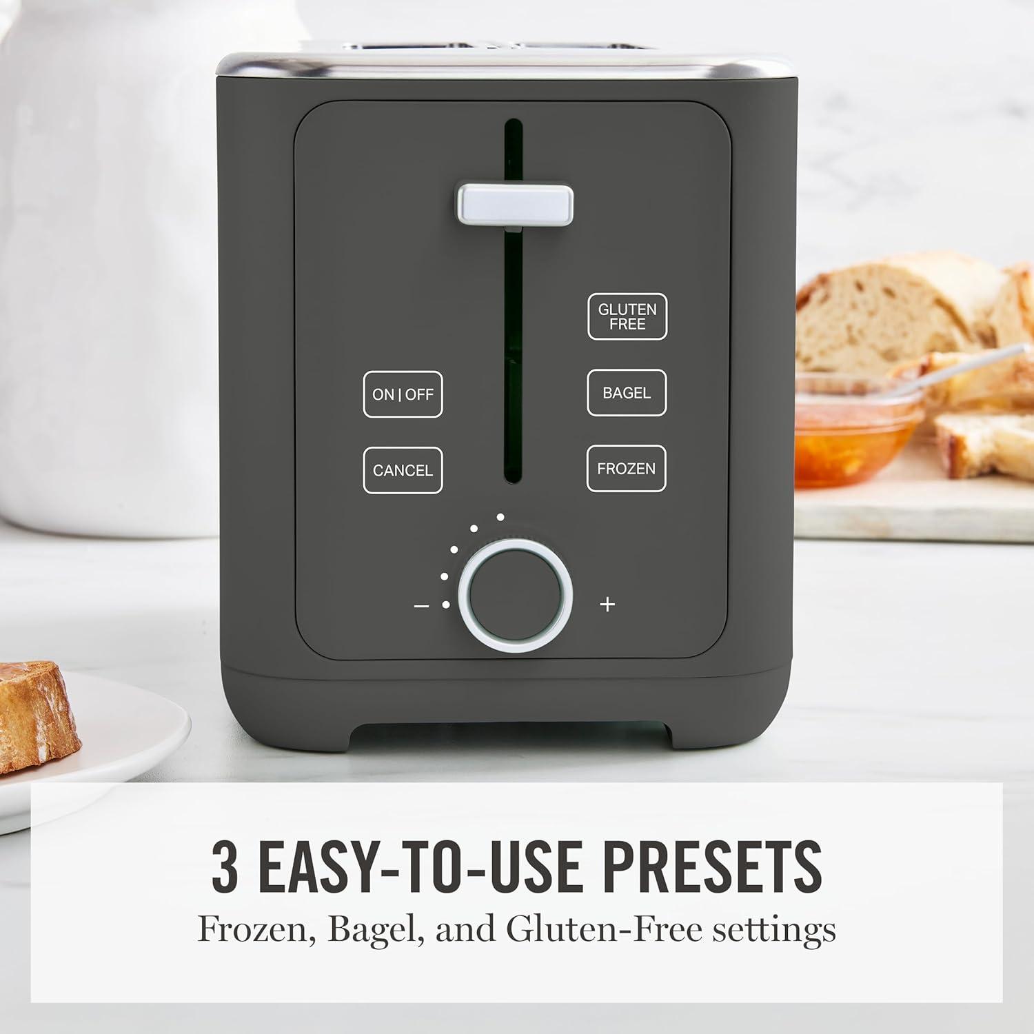 imageMartha Stewart 2 Slice Toaster 10 Shade Settings with Defrost Cancel Bagel amp GlutenFree ExtraWide SelfCentering Slots for Waffles amp Artisan Bread Removable Crumb Tray Cord Wrap Linen WhiteCaviar Gray