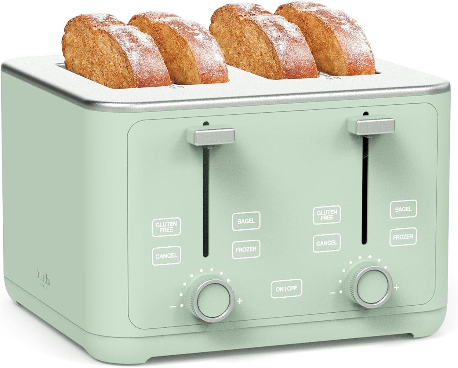 imageMartha Stewart 2 Slice Toaster 10 Shade Settings with Defrost Cancel Bagel amp GlutenFree ExtraWide SelfCentering Slots for Waffles amp Artisan Bread Removable Crumb Tray Cord Wrap Linen WhiteHoneydew Green