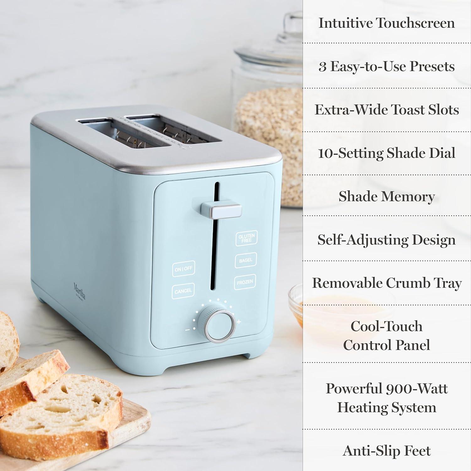 imageMartha Stewart 2 Slice Toaster 10 Shade Settings with Defrost Cancel Bagel amp GlutenFree ExtraWide SelfCentering Slots for Waffles amp Artisan Bread Removable Crumb Tray Cord Wrap Linen WhiteSky Blue