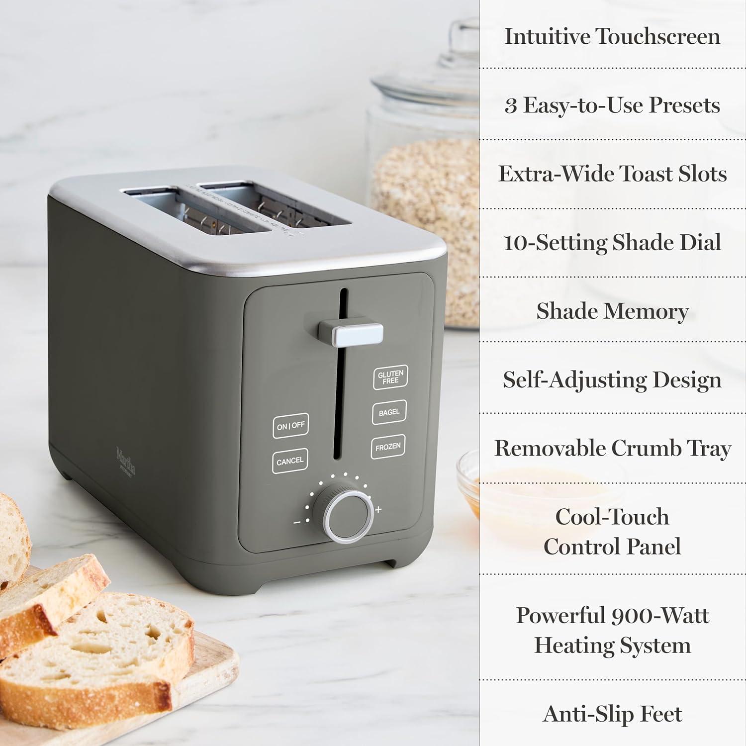 imageMartha Stewart 2 Slice Toaster 10 Shade Settings with Defrost Cancel Bagel amp GlutenFree ExtraWide SelfCentering Slots for Waffles amp Artisan Bread Removable Crumb Tray Cord Wrap Linen WhiteCaviar Gray