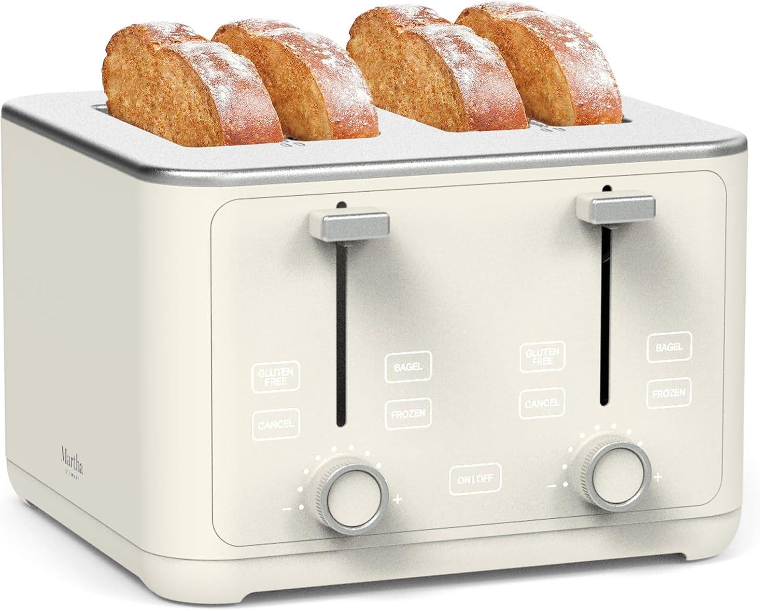 imageMartha Stewart 2 Slice Toaster 10 Shade Settings with Defrost Cancel Bagel amp GlutenFree ExtraWide SelfCentering Slots for Waffles amp Artisan Bread Removable Crumb Tray Cord Wrap Linen WhiteLinen White