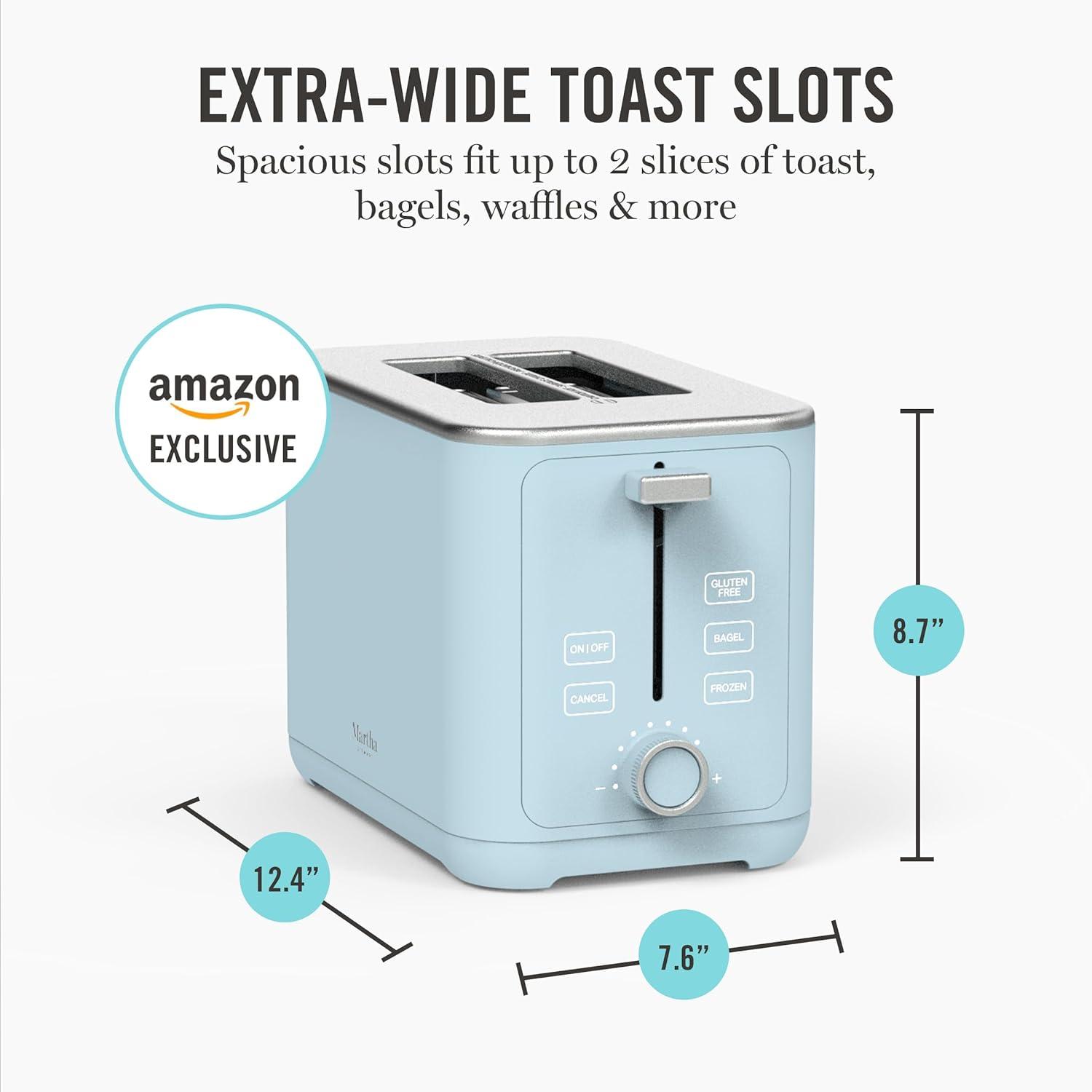 imageMartha Stewart 2 Slice Toaster 10 Shade Settings with Defrost Cancel Bagel amp GlutenFree ExtraWide SelfCentering Slots for Waffles amp Artisan Bread Removable Crumb Tray Cord Wrap Linen WhiteSky Blue