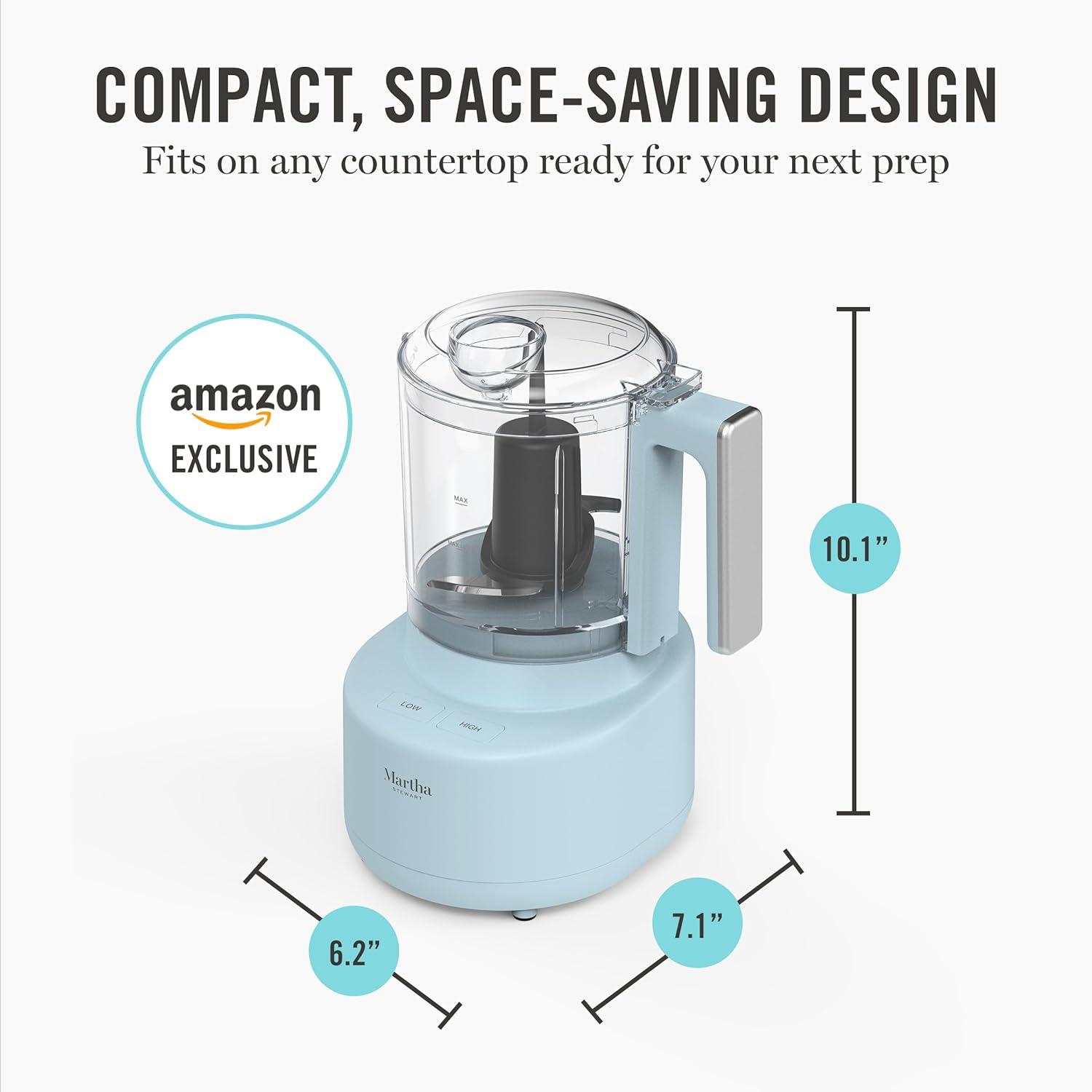 imageMartha Stewart 3 Cup Electric Food Chopper Vegetable amp Herb Mini Food Processor 24oz BPAFree Bowl Stainless Steel Blades Pour Spout Dicing Mincing Chop amp Puree Dishwasher Safe LinenSky Blue
