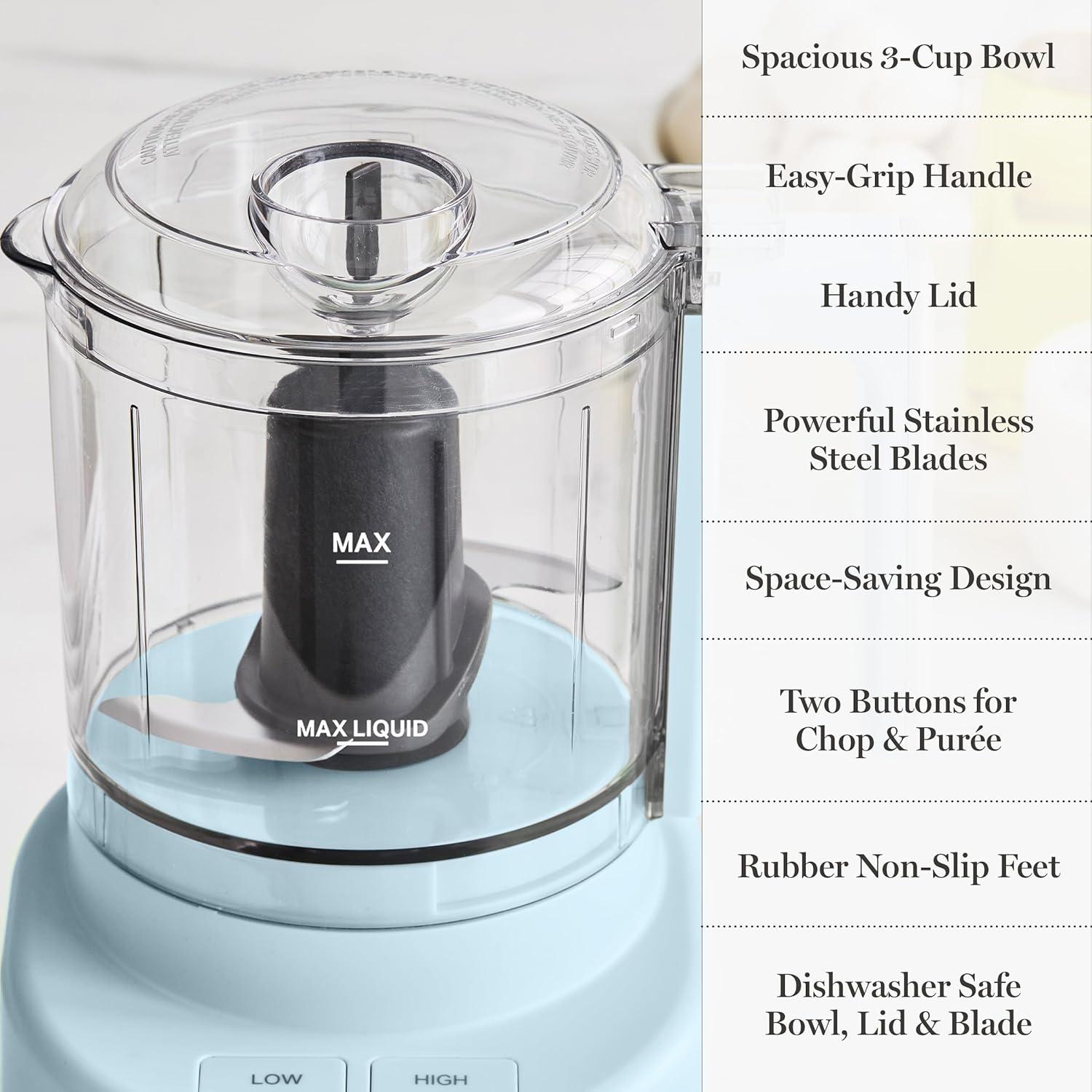 imageMartha Stewart 3 Cup Electric Food Chopper Vegetable amp Herb Mini Food Processor 24oz BPAFree Bowl Stainless Steel Blades Pour Spout Dicing Mincing Chop amp Puree Dishwasher Safe LinenSky Blue