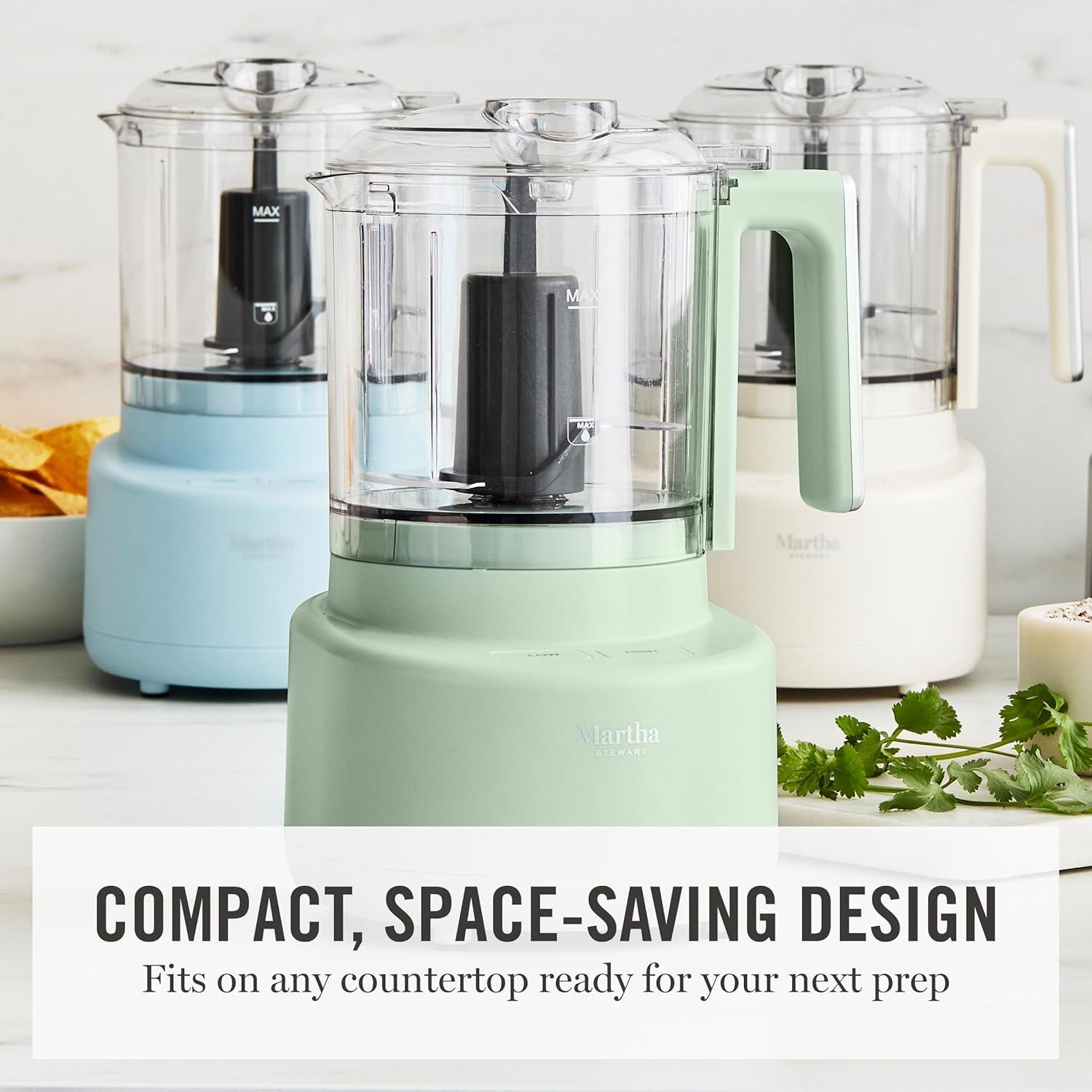 imageMartha Stewart 3 Cup Electric Food Chopper Vegetable amp Herb Mini Food Processor 24oz BPAFree Bowl Stainless Steel Blades Pour Spout Dicing Mincing Chop amp Puree Dishwasher Safe LinenSky Blue
