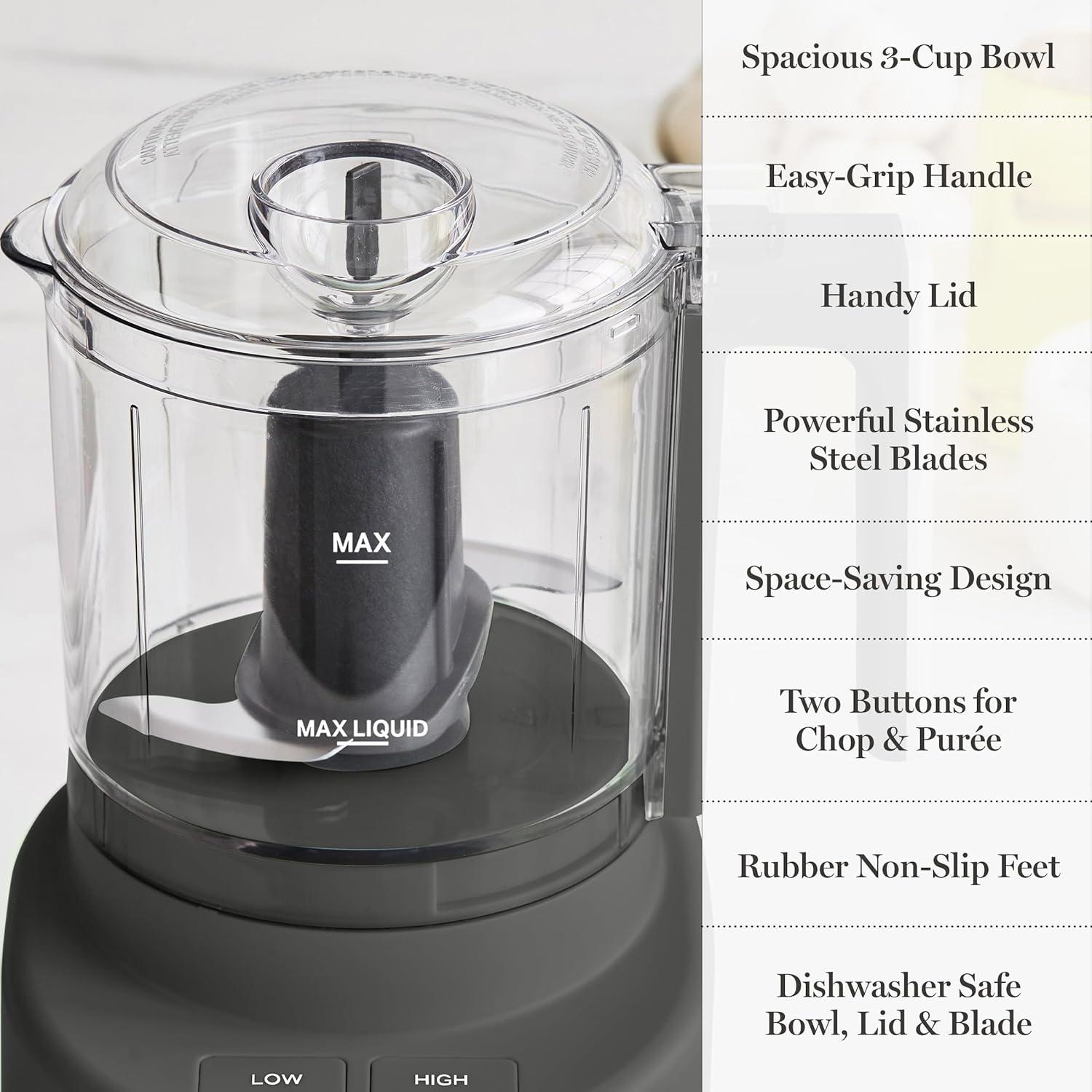 imageMartha Stewart 3 Cup Electric Food Chopper Vegetable amp Herb Mini Food Processor 24oz BPAFree Bowl Stainless Steel Blades Pour Spout Dicing Mincing Chop amp Puree Dishwasher Safe LinenCaviar Gray