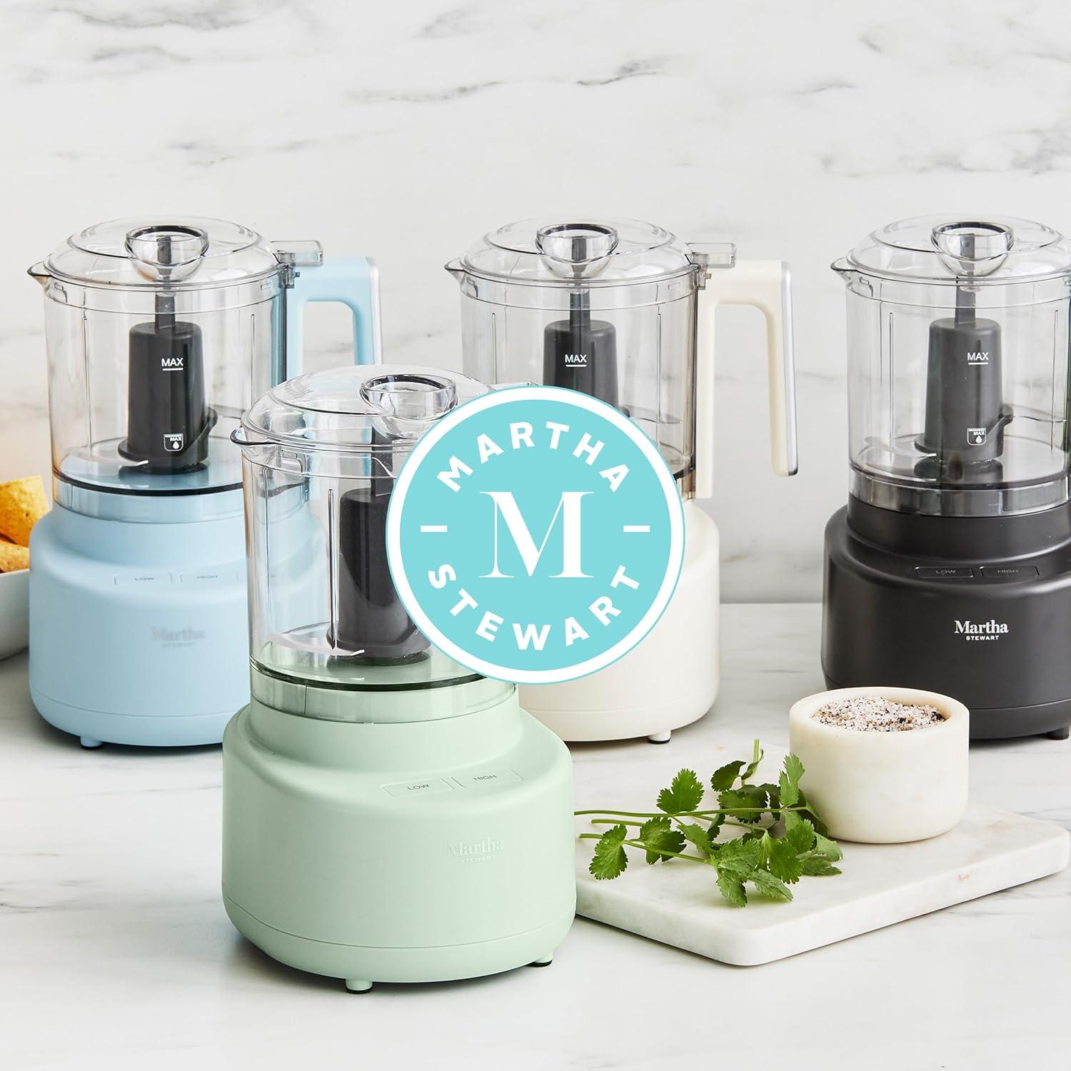 imageMartha Stewart 3 Cup Electric Food Chopper Vegetable amp Herb Mini Food Processor 24oz BPAFree Bowl Stainless Steel Blades Pour Spout Dicing Mincing Chop amp Puree Dishwasher Safe LinenSky Blue