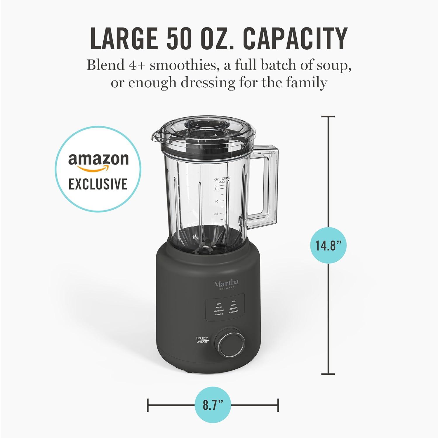 imageMartha Stewart 50oz Countertop Blender Smoothie Margarita amp Ice Crushing Blender BPAFree Pitcher 3 Speeds 5 Presets AutoClean Function Dishwasher Safe Stainless Steel Blades Linen CreamCaviar Gray