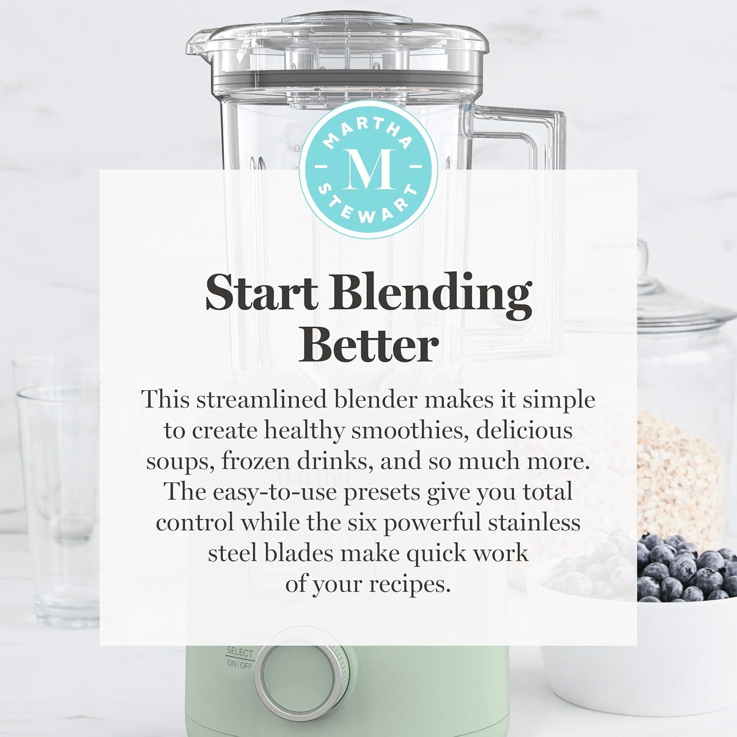 imageMartha Stewart 50oz Countertop Blender Smoothie Margarita amp Ice Crushing Blender BPAFree Pitcher 3 Speeds 5 Presets AutoClean Function Dishwasher Safe Stainless Steel Blades Linen CreamHoneydew Green