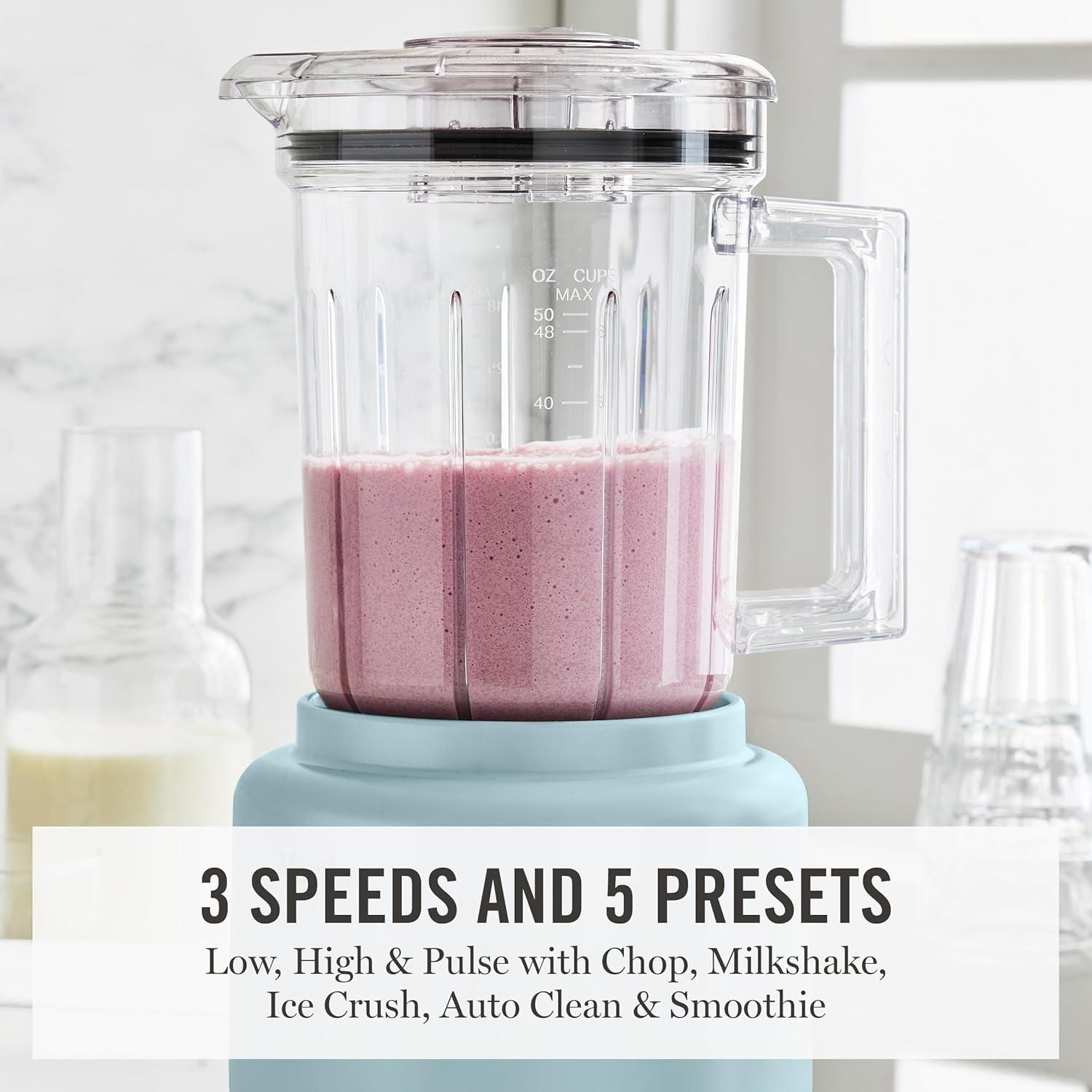 imageMartha Stewart 50oz Countertop Blender Smoothie Margarita amp Ice Crushing Blender BPAFree Pitcher 3 Speeds 5 Presets AutoClean Function Dishwasher Safe Stainless Steel Blades Linen CreamSky Blue