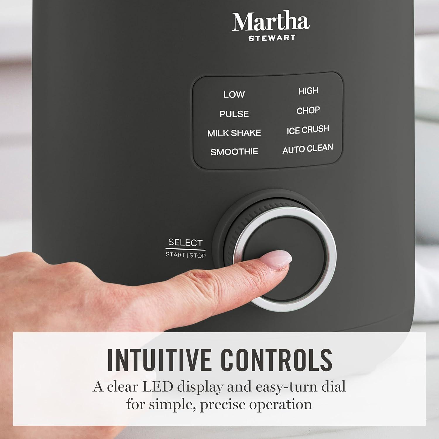 imageMartha Stewart 50oz Countertop Blender Smoothie Margarita amp Ice Crushing Blender BPAFree Pitcher 3 Speeds 5 Presets AutoClean Function Dishwasher Safe Stainless Steel Blades Linen CreamCaviar Gray