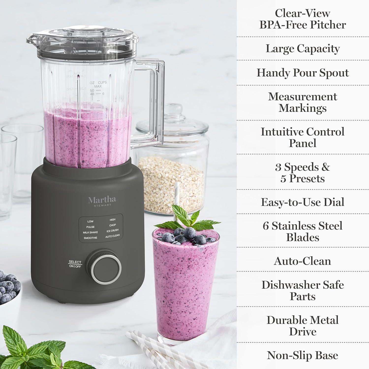 imageMartha Stewart 50oz Countertop Blender Smoothie Margarita amp Ice Crushing Blender BPAFree Pitcher 3 Speeds 5 Presets AutoClean Function Dishwasher Safe Stainless Steel Blades Linen CreamCaviar Gray