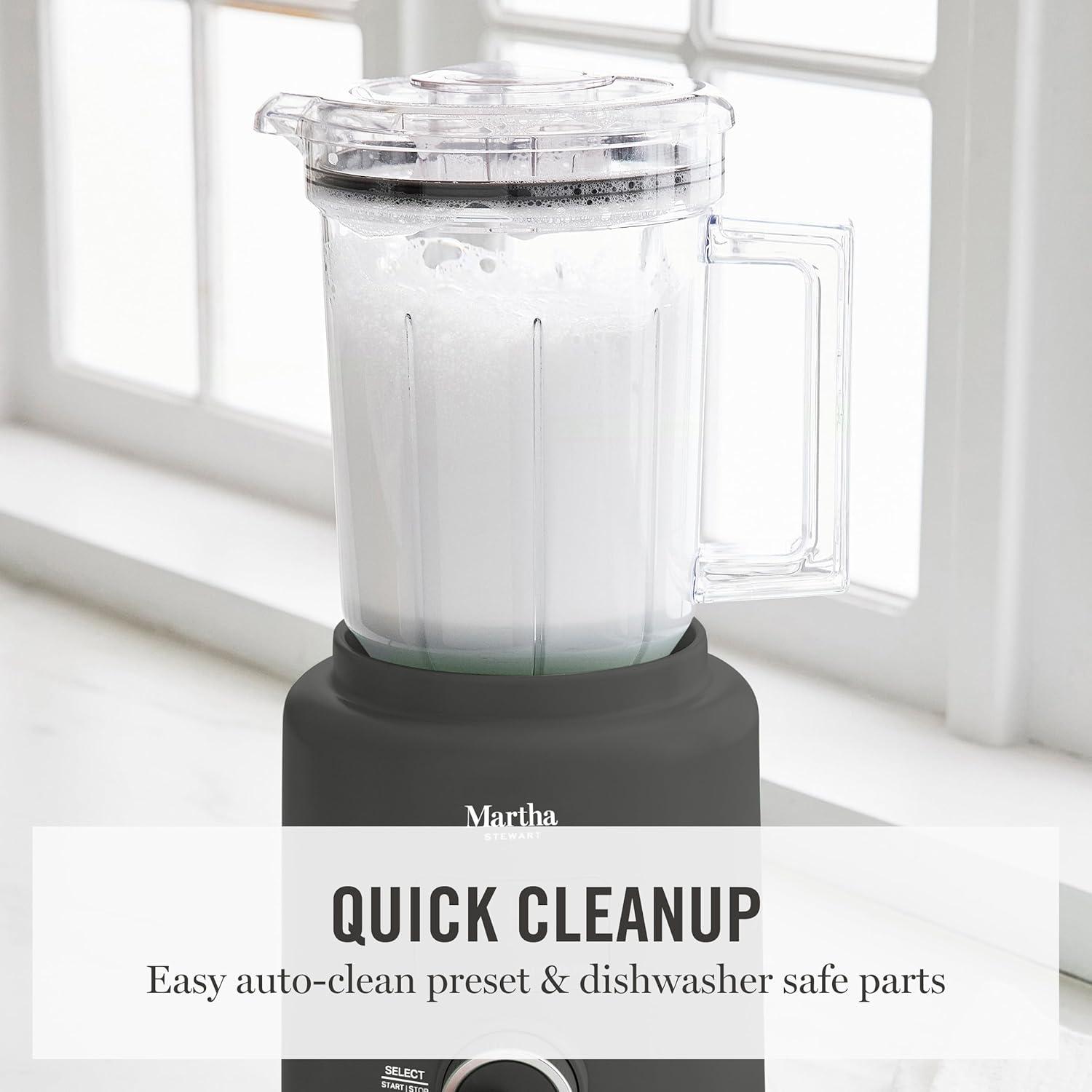 imageMartha Stewart 50oz Countertop Blender Smoothie Margarita amp Ice Crushing Blender BPAFree Pitcher 3 Speeds 5 Presets AutoClean Function Dishwasher Safe Stainless Steel Blades Linen CreamCaviar Gray