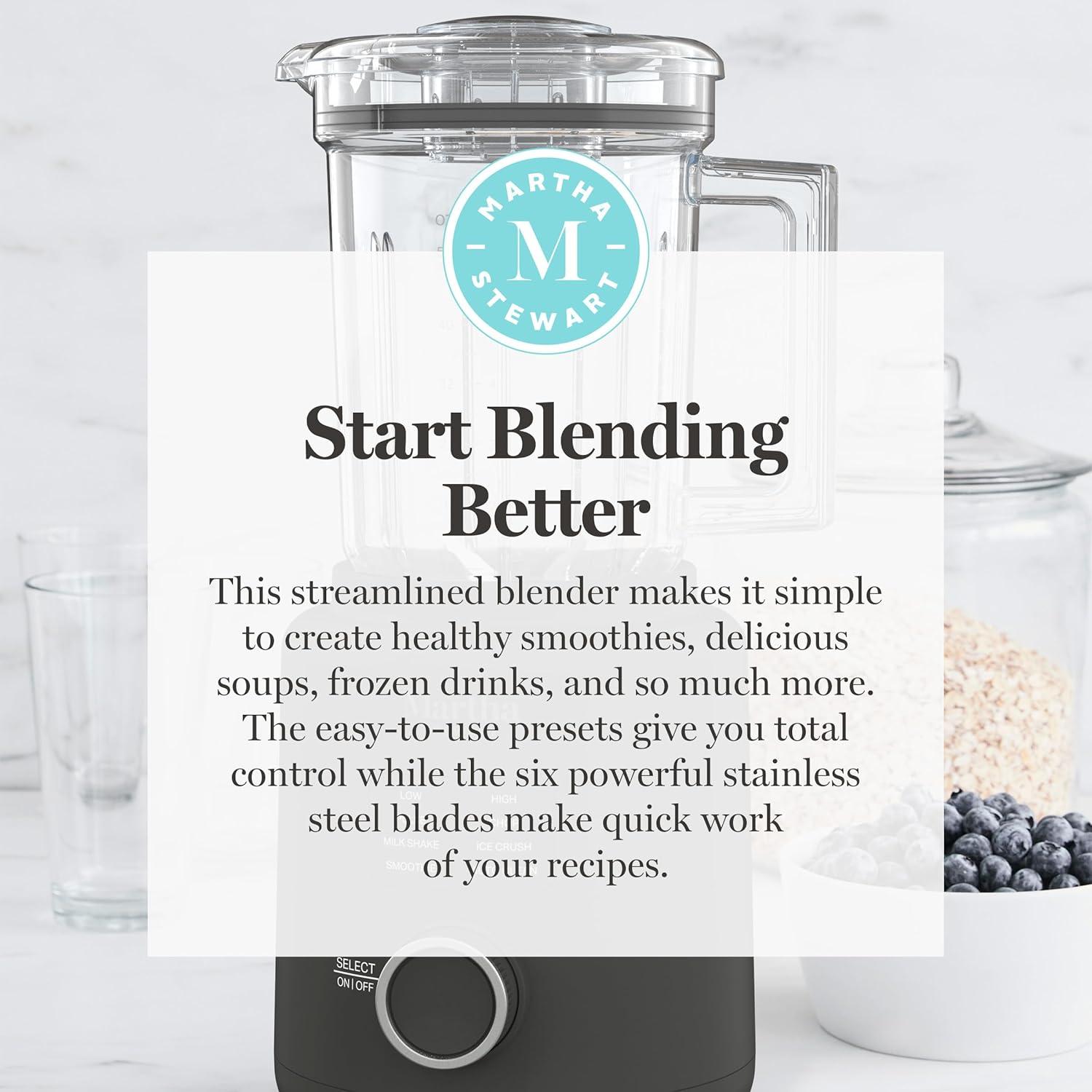 imageMartha Stewart 50oz Countertop Blender Smoothie Margarita amp Ice Crushing Blender BPAFree Pitcher 3 Speeds 5 Presets AutoClean Function Dishwasher Safe Stainless Steel Blades Linen CreamCaviar Gray