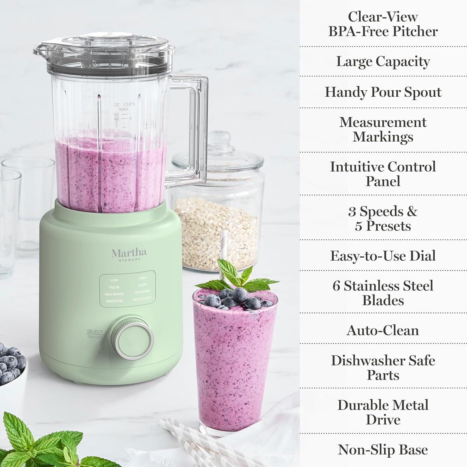 imageMartha Stewart 50oz Countertop Blender Smoothie Margarita amp Ice Crushing Blender BPAFree Pitcher 3 Speeds 5 Presets AutoClean Function Dishwasher Safe Stainless Steel Blades Linen CreamHoneydew Green