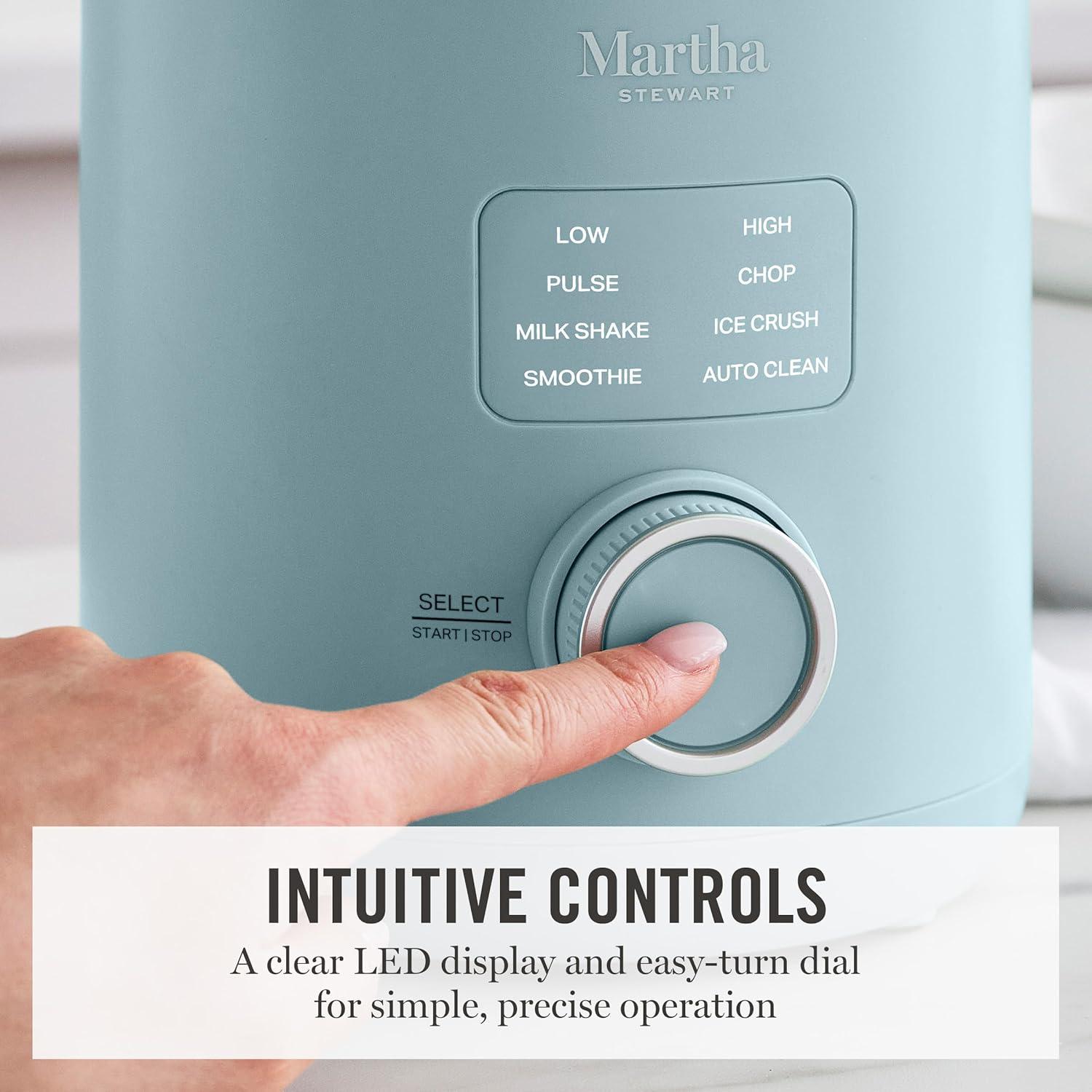 imageMartha Stewart 50oz Countertop Blender Smoothie Margarita amp Ice Crushing Blender BPAFree Pitcher 3 Speeds 5 Presets AutoClean Function Dishwasher Safe Stainless Steel Blades Linen CreamSky Blue