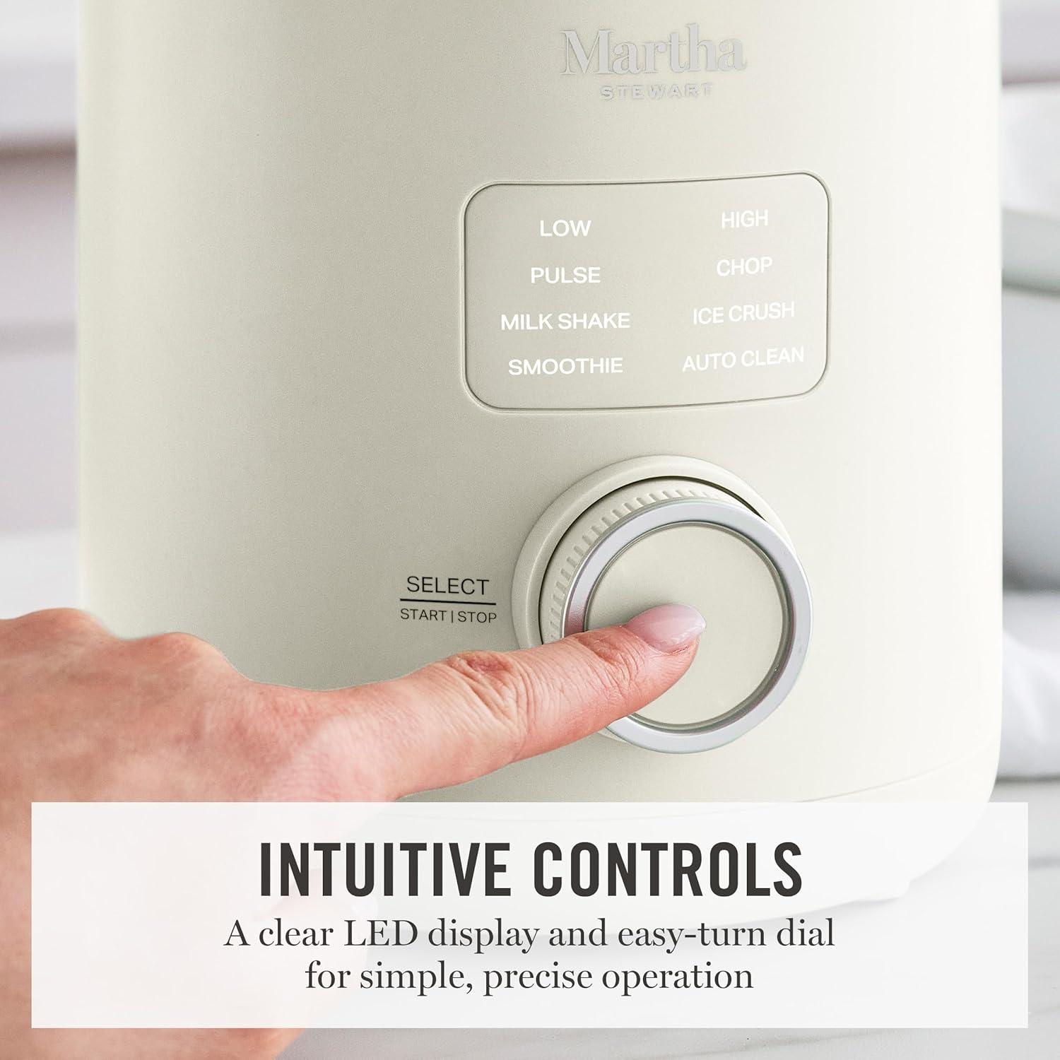imageMartha Stewart 50oz Countertop Blender Smoothie Margarita amp Ice Crushing Blender BPAFree Pitcher 3 Speeds 5 Presets AutoClean Function Dishwasher Safe Stainless Steel Blades Linen CreamLinen White