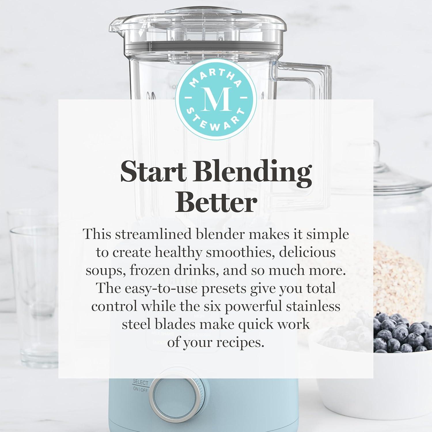 imageMartha Stewart 50oz Countertop Blender Smoothie Margarita amp Ice Crushing Blender BPAFree Pitcher 3 Speeds 5 Presets AutoClean Function Dishwasher Safe Stainless Steel Blades Linen CreamSky Blue