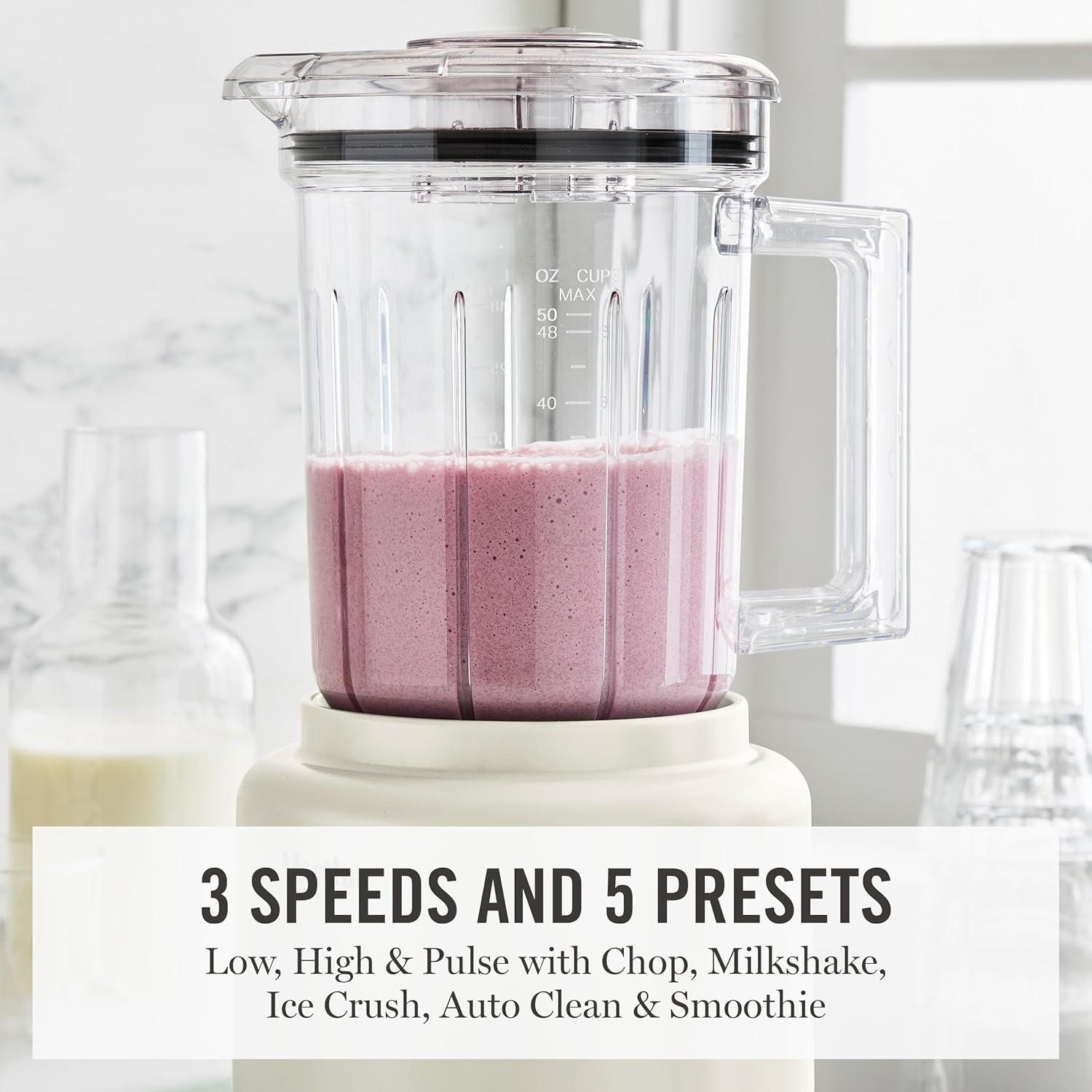imageMartha Stewart 50oz Countertop Blender Smoothie Margarita amp Ice Crushing Blender BPAFree Pitcher 3 Speeds 5 Presets AutoClean Function Dishwasher Safe Stainless Steel Blades Linen CreamLinen White