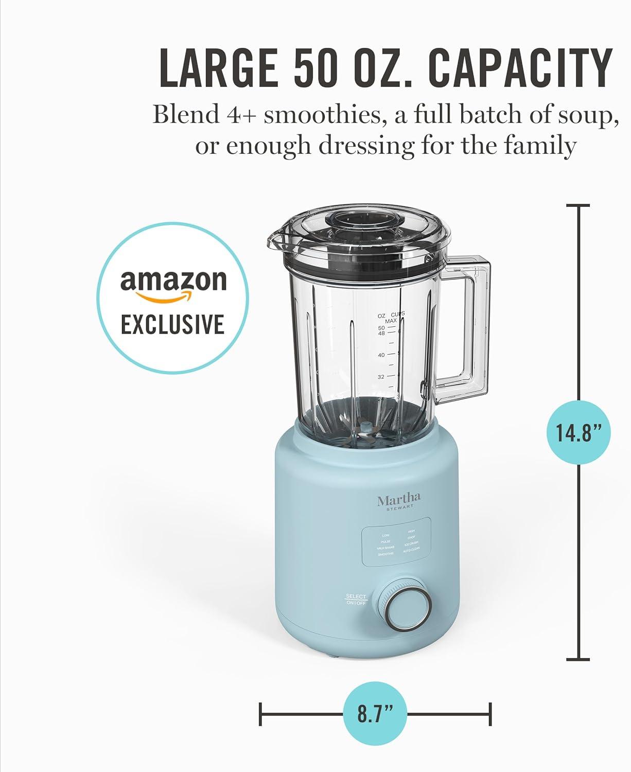 imageMartha Stewart 50oz Countertop Blender Smoothie Margarita amp Ice Crushing Blender BPAFree Pitcher 3 Speeds 5 Presets AutoClean Function Dishwasher Safe Stainless Steel Blades Linen CreamSky Blue