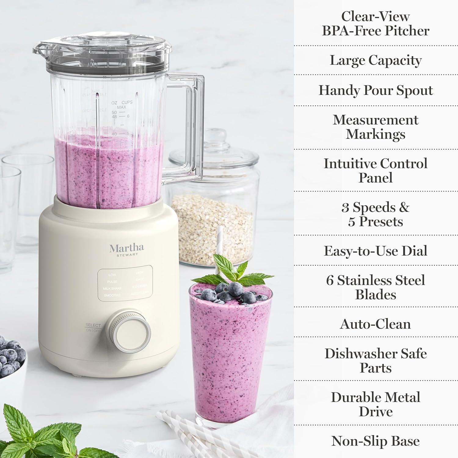 imageMartha Stewart 50oz Countertop Blender Smoothie Margarita amp Ice Crushing Blender BPAFree Pitcher 3 Speeds 5 Presets AutoClean Function Dishwasher Safe Stainless Steel Blades Linen CreamLinen White