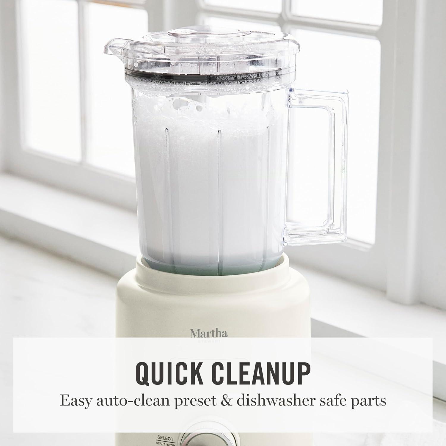 imageMartha Stewart 50oz Countertop Blender Smoothie Margarita amp Ice Crushing Blender BPAFree Pitcher 3 Speeds 5 Presets AutoClean Function Dishwasher Safe Stainless Steel Blades Linen CreamLinen White