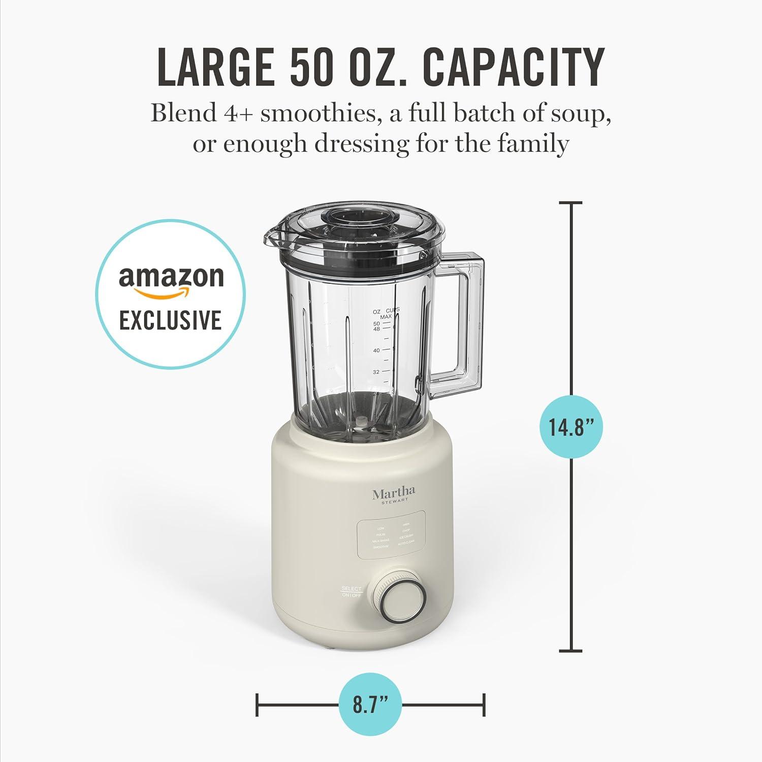 imageMartha Stewart 50oz Countertop Blender Smoothie Margarita amp Ice Crushing Blender BPAFree Pitcher 3 Speeds 5 Presets AutoClean Function Dishwasher Safe Stainless Steel Blades Linen CreamLinen White