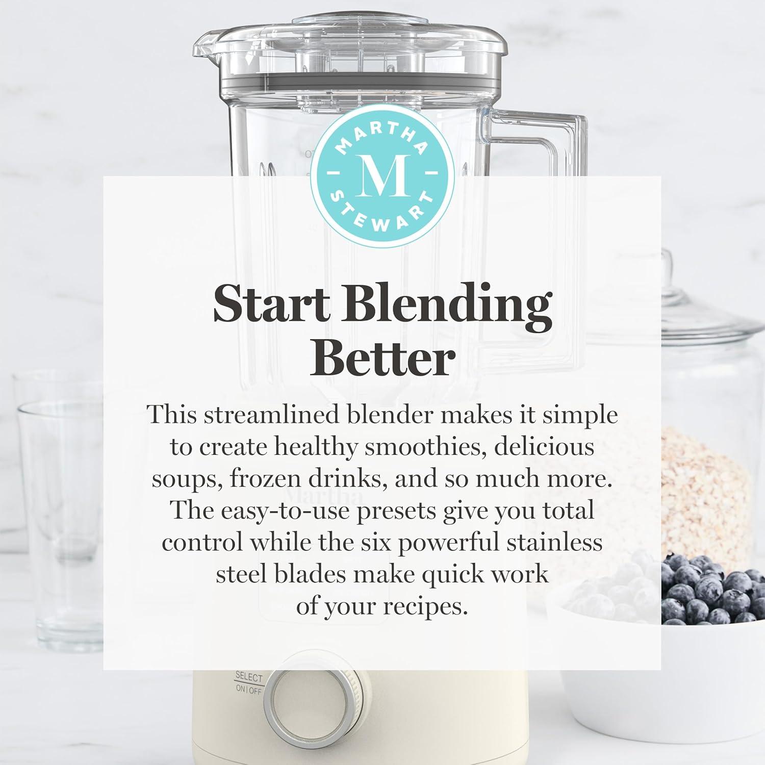 imageMartha Stewart 50oz Countertop Blender Smoothie Margarita amp Ice Crushing Blender BPAFree Pitcher 3 Speeds 5 Presets AutoClean Function Dishwasher Safe Stainless Steel Blades Linen CreamLinen White