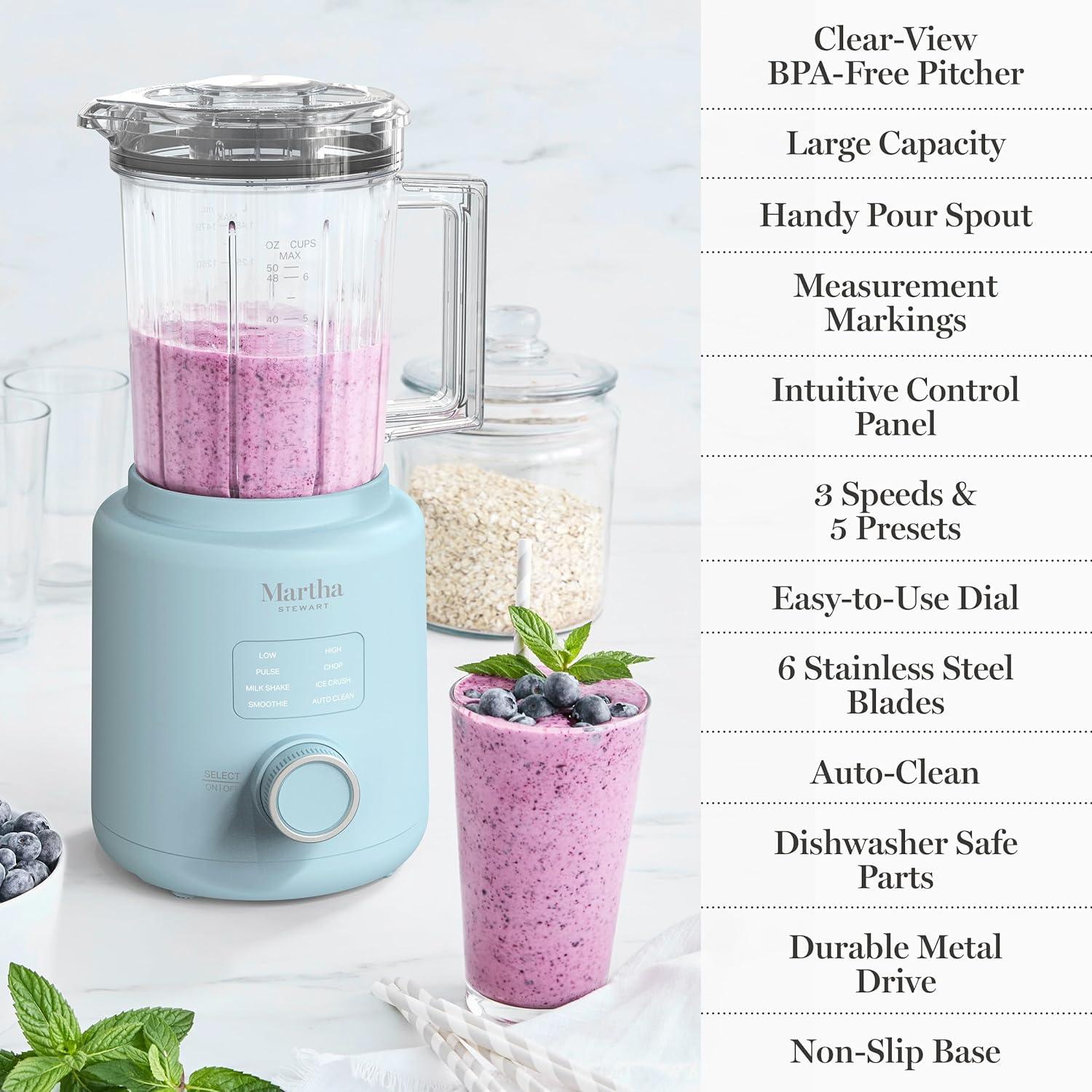 imageMartha Stewart 50oz Countertop Blender Smoothie Margarita amp Ice Crushing Blender BPAFree Pitcher 3 Speeds 5 Presets AutoClean Function Dishwasher Safe Stainless Steel Blades Linen CreamSky Blue