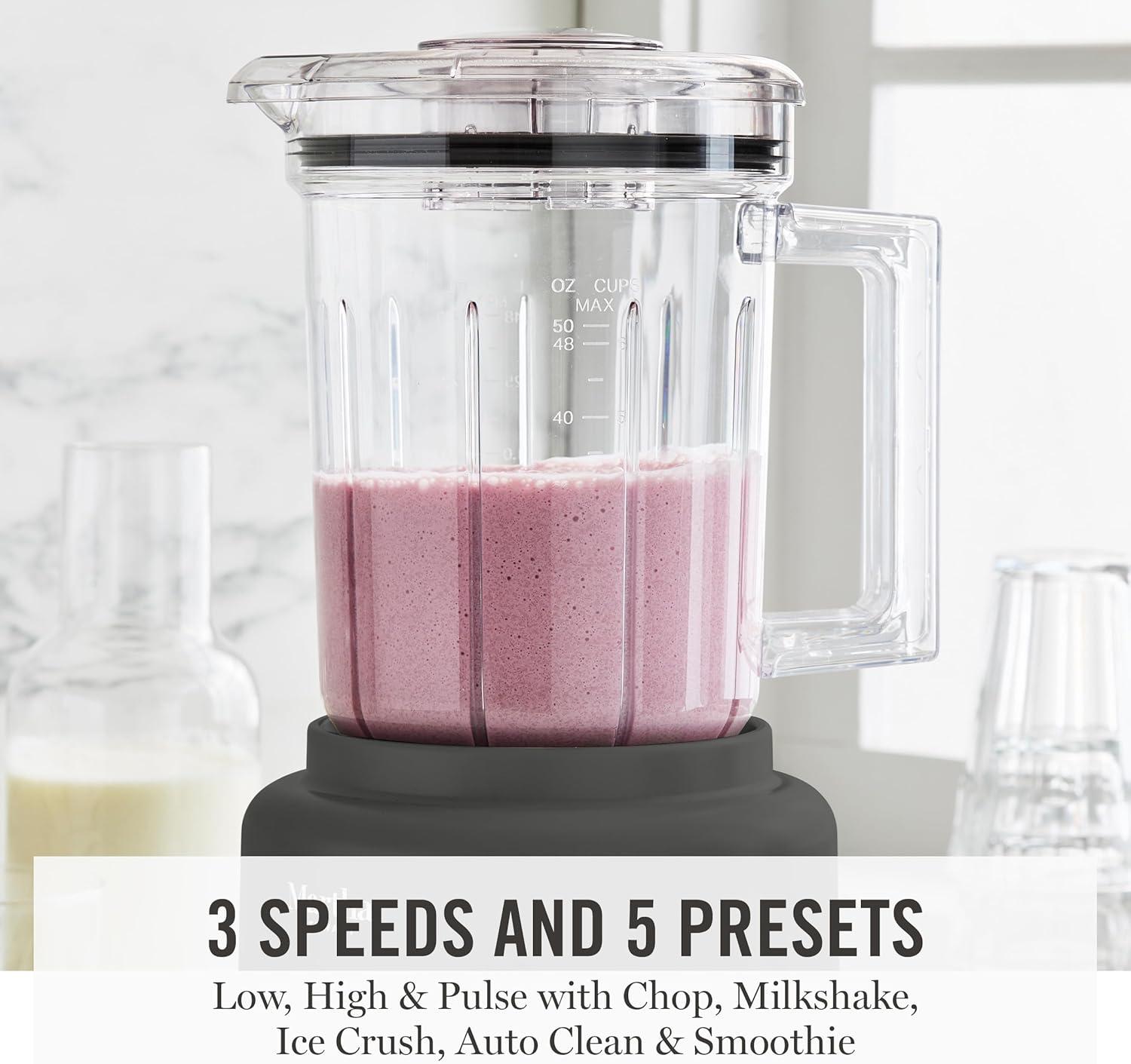 imageMartha Stewart 50oz Countertop Blender Smoothie Margarita amp Ice Crushing Blender BPAFree Pitcher 3 Speeds 5 Presets AutoClean Function Dishwasher Safe Stainless Steel Blades Linen CreamCaviar Gray
