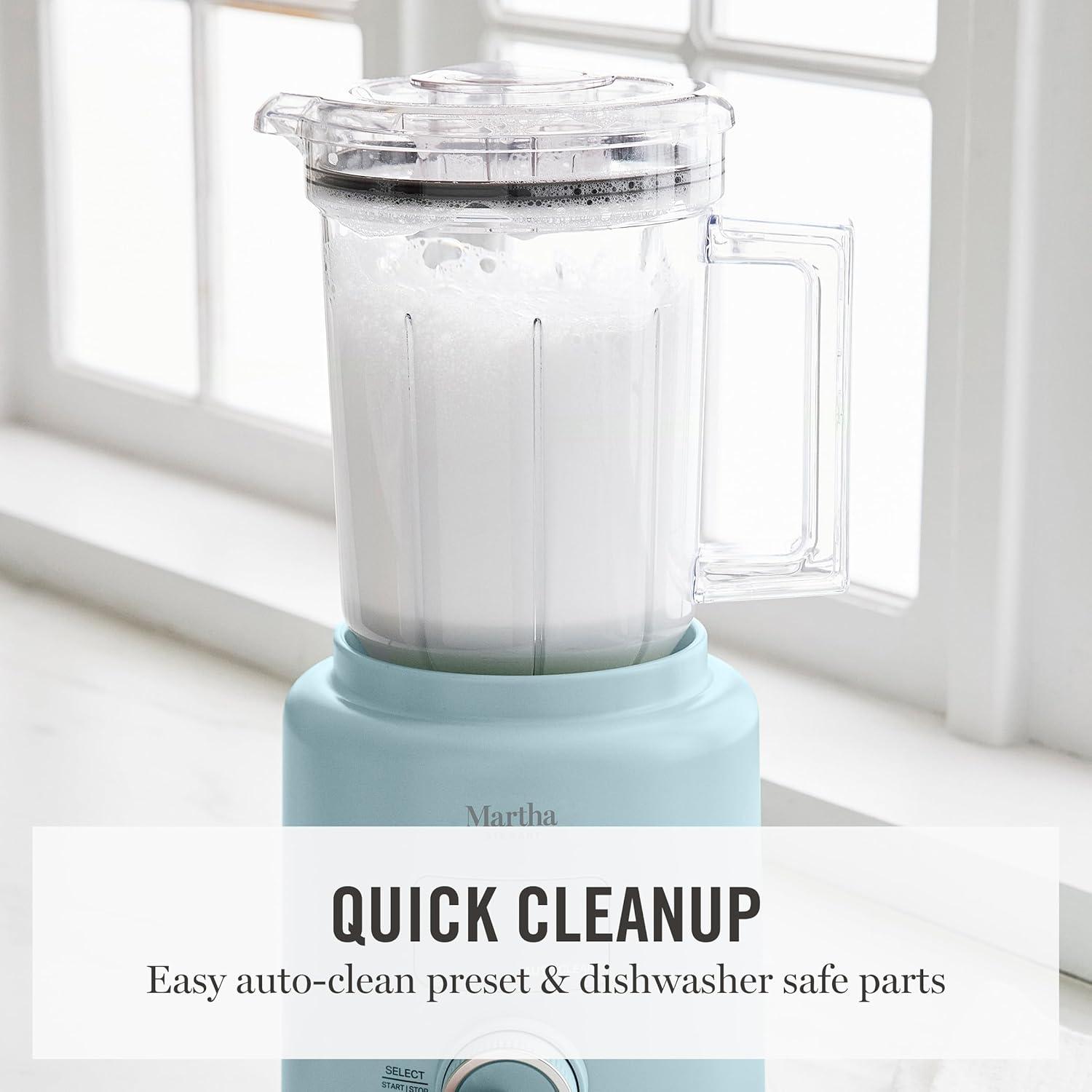 imageMartha Stewart 50oz Countertop Blender Smoothie Margarita amp Ice Crushing Blender BPAFree Pitcher 3 Speeds 5 Presets AutoClean Function Dishwasher Safe Stainless Steel Blades Linen CreamSky Blue