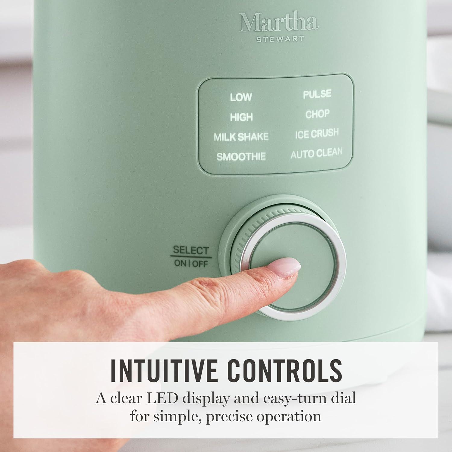 imageMartha Stewart 50oz Countertop Blender Smoothie Margarita amp Ice Crushing Blender BPAFree Pitcher 3 Speeds 5 Presets AutoClean Function Dishwasher Safe Stainless Steel Blades Linen CreamHoneydew Green