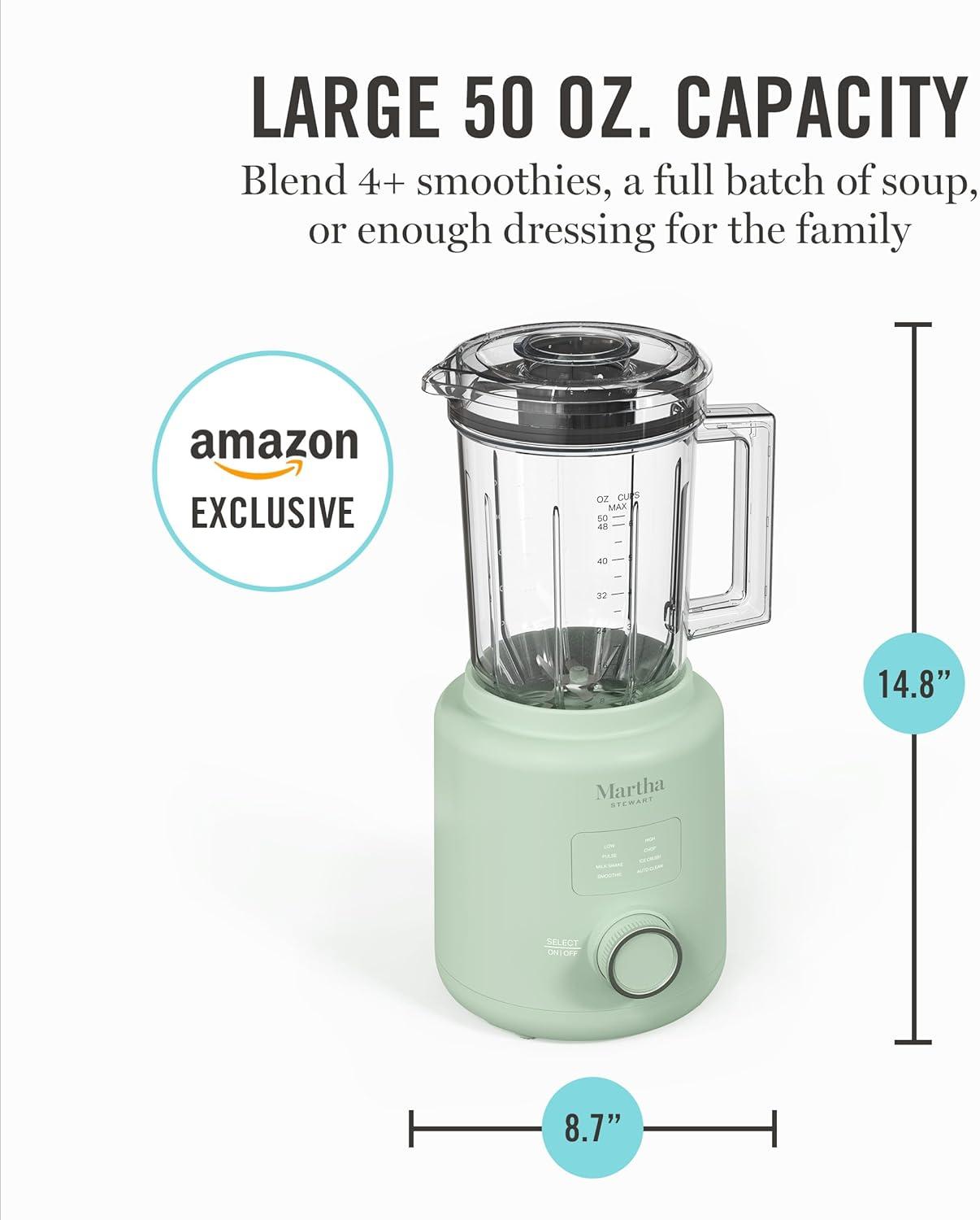 imageMartha Stewart 50oz Countertop Blender Smoothie Margarita amp Ice Crushing Blender BPAFree Pitcher 3 Speeds 5 Presets AutoClean Function Dishwasher Safe Stainless Steel Blades Linen CreamHoneydew Green