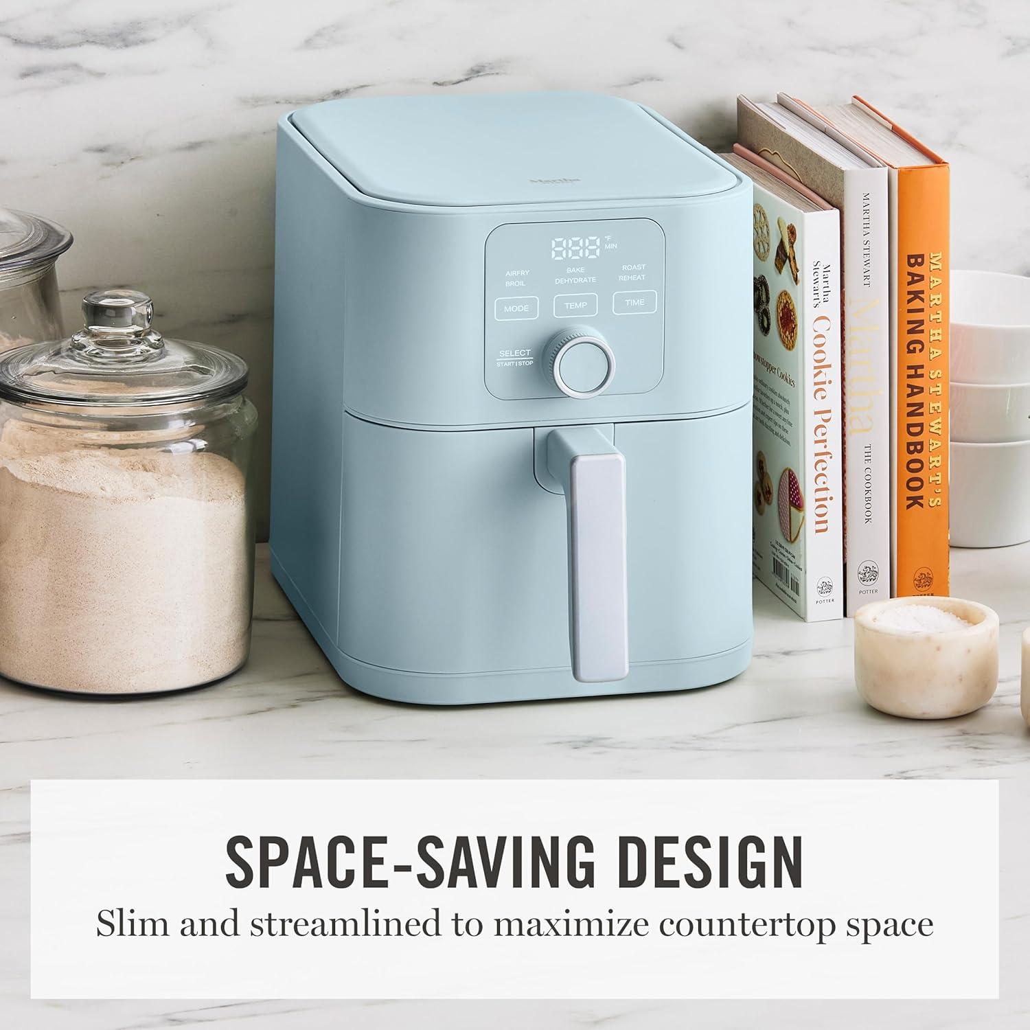 imageMartha Stewart 6QT Air Fryer 6in1 Bake Broil Roast Air Fry Dehydrate Reheat Ceramic NonStick Basket Crispy Results Fast 400F Max Temp Shake Reminder Auto ShutOff Linen CreamSky Blue