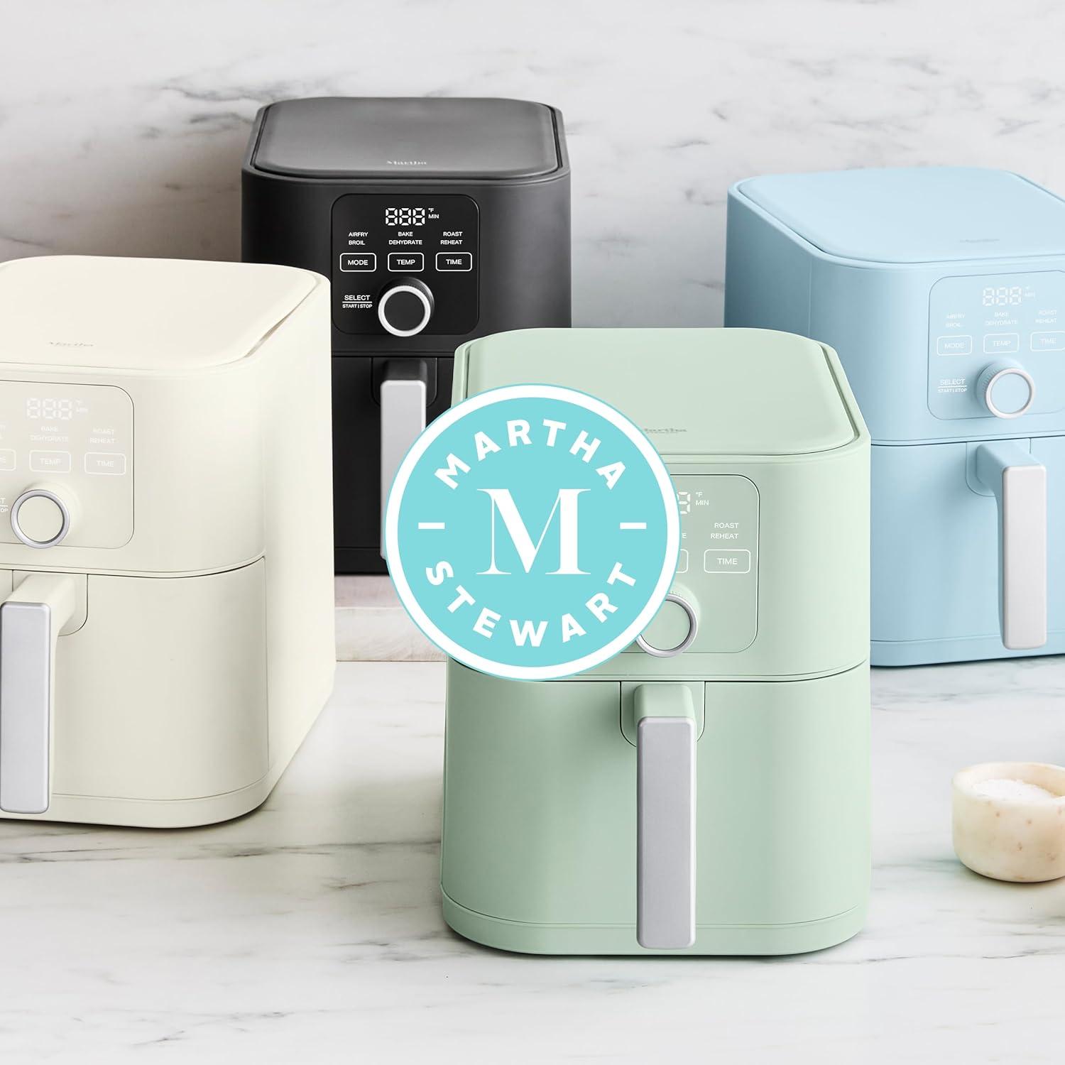 imageMartha Stewart 6QT Air Fryer 6in1 Bake Broil Roast Air Fry Dehydrate Reheat Ceramic NonStick Basket Crispy Results Fast 400F Max Temp Shake Reminder Auto ShutOff Linen CreamSky Blue