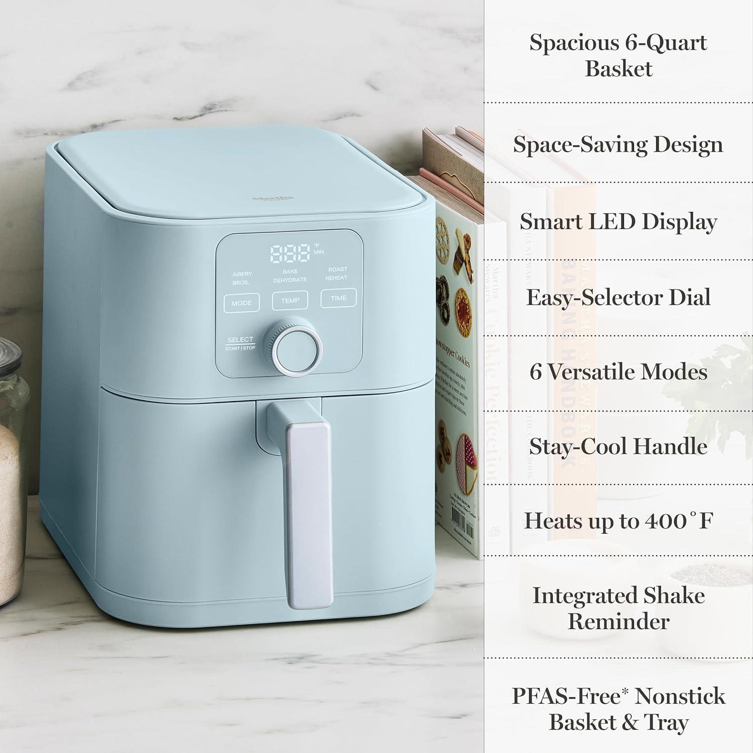imageMartha Stewart 6QT Air Fryer 6in1 Bake Broil Roast Air Fry Dehydrate Reheat Ceramic NonStick Basket Crispy Results Fast 400F Max Temp Shake Reminder Auto ShutOff Linen CreamSky Blue