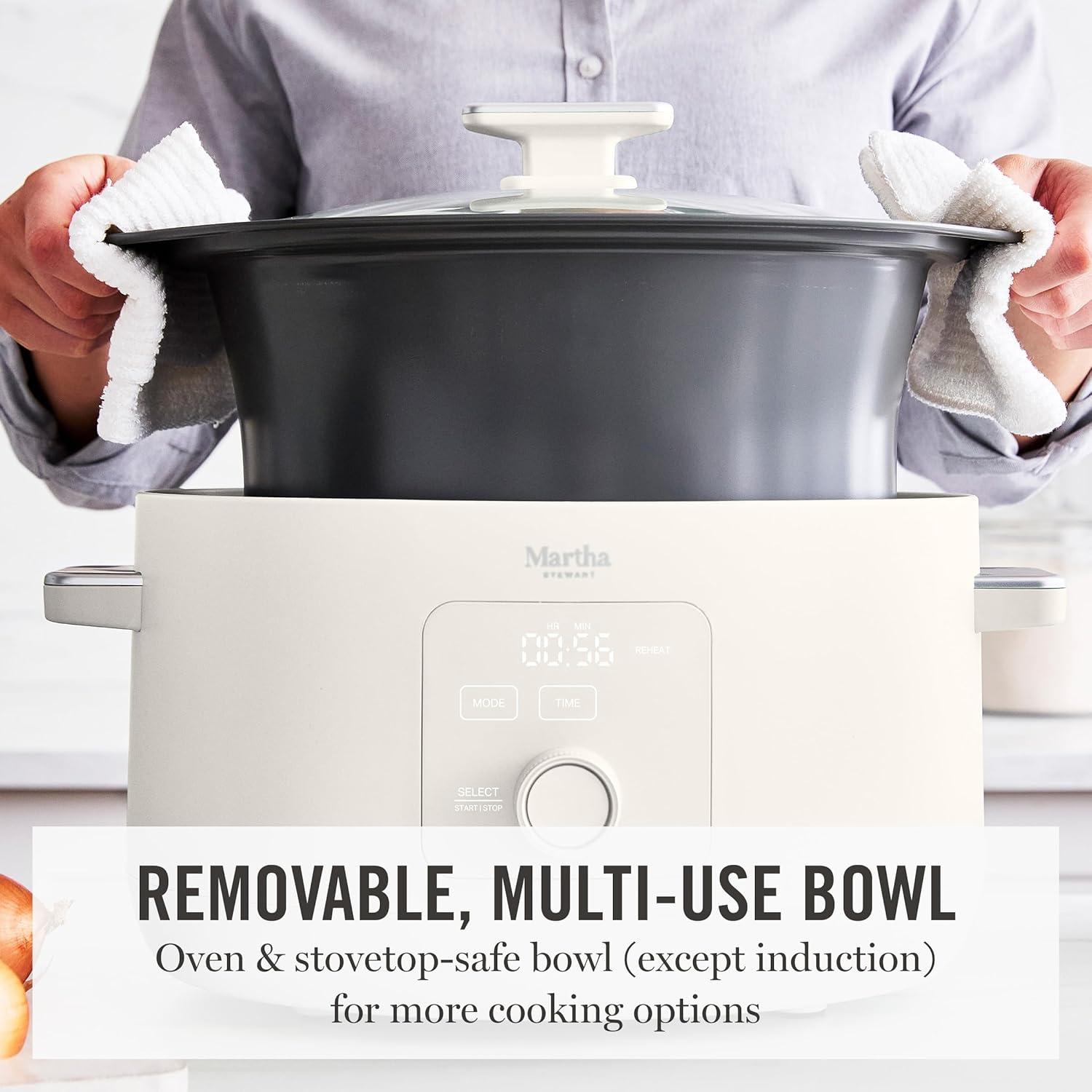 imageMartha Stewart 8 QT Slow Cooker Programmable with Timer 3 Heat Settings Low High Warm Nonstick Ceramic Removable Crock Stovetop amp Oven Safe Glass Lid Simmer Reheat Warm LinenLinen White