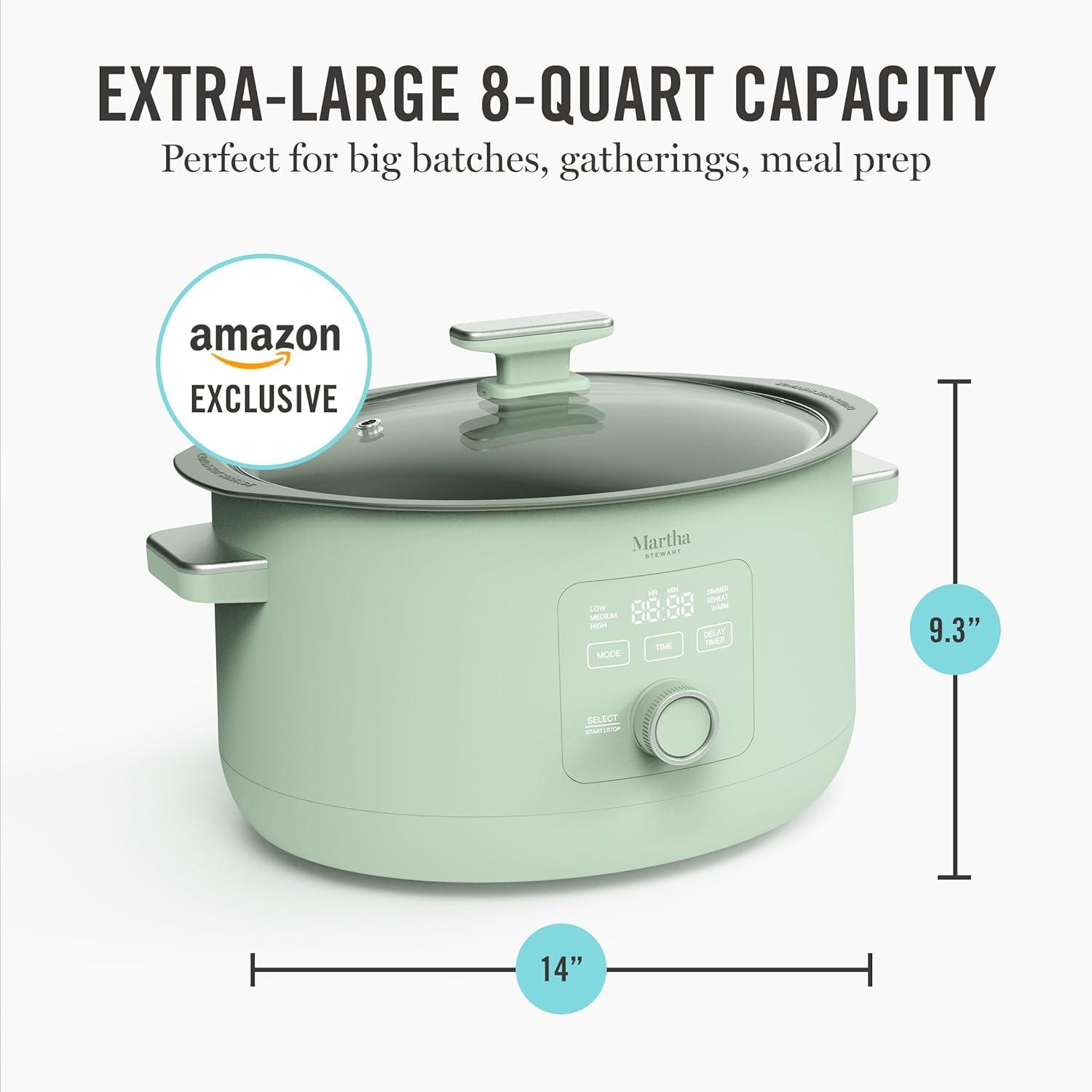 imageMartha Stewart 8 QT Slow Cooker Programmable with Timer 3 Heat Settings Low High Warm Nonstick Ceramic Removable Crock Stovetop amp Oven Safe Glass Lid Simmer Reheat Warm LinenHoneydew Green