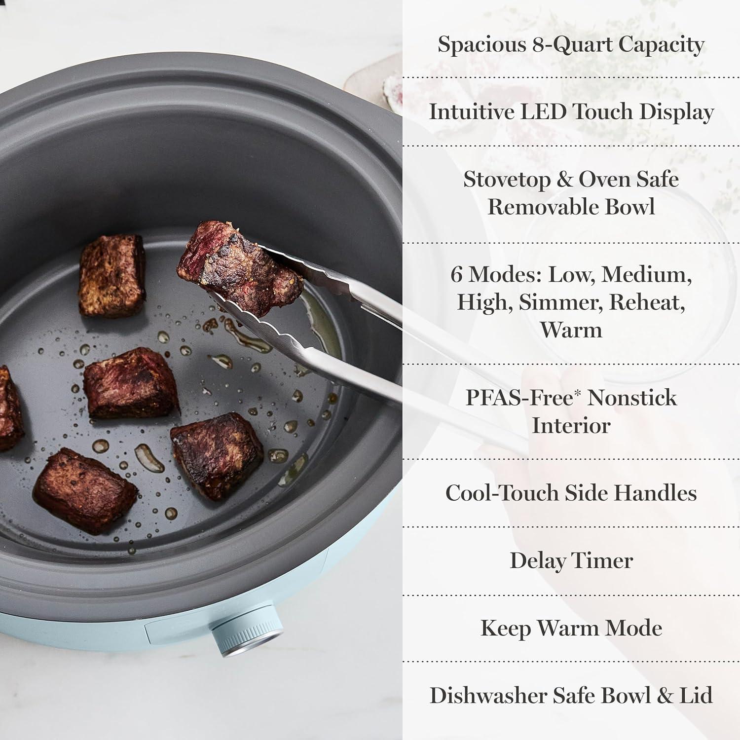 imageMartha Stewart 8 QT Slow Cooker Programmable with Timer 3 Heat Settings Low High Warm Nonstick Ceramic Removable Crock Stovetop amp Oven Safe Glass Lid Simmer Reheat Warm LinenSky Blue