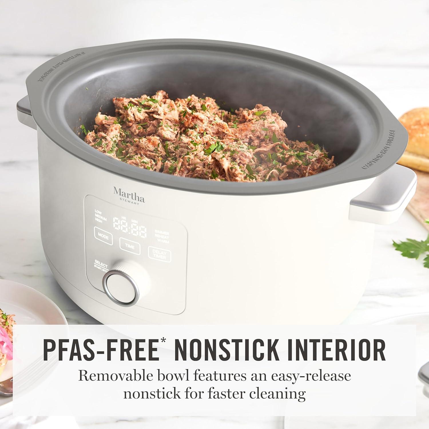 imageMartha Stewart 8 QT Slow Cooker Programmable with Timer 3 Heat Settings Low High Warm Nonstick Ceramic Removable Crock Stovetop amp Oven Safe Glass Lid Simmer Reheat Warm LinenLinen White