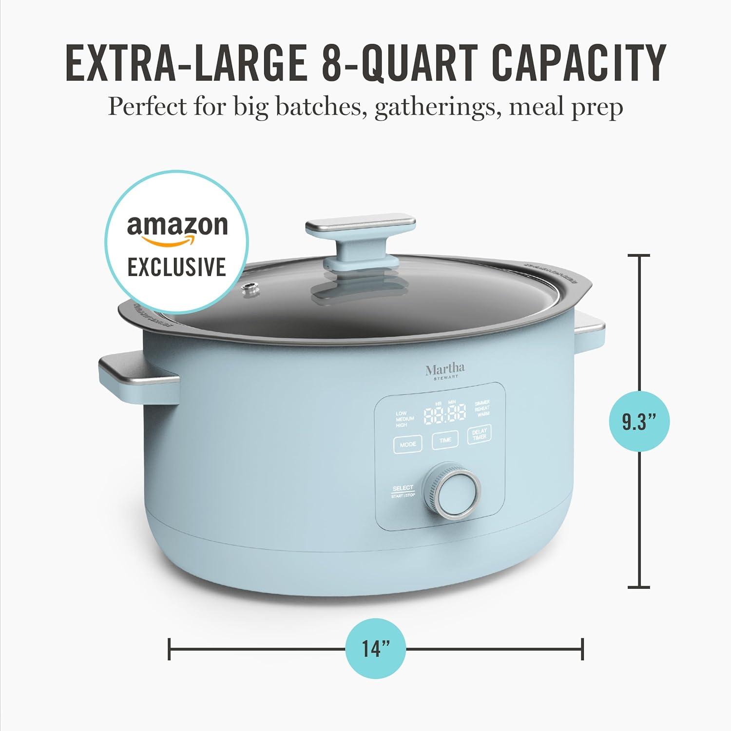 imageMartha Stewart 8 QT Slow Cooker Programmable with Timer 3 Heat Settings Low High Warm Nonstick Ceramic Removable Crock Stovetop amp Oven Safe Glass Lid Simmer Reheat Warm LinenSky Blue