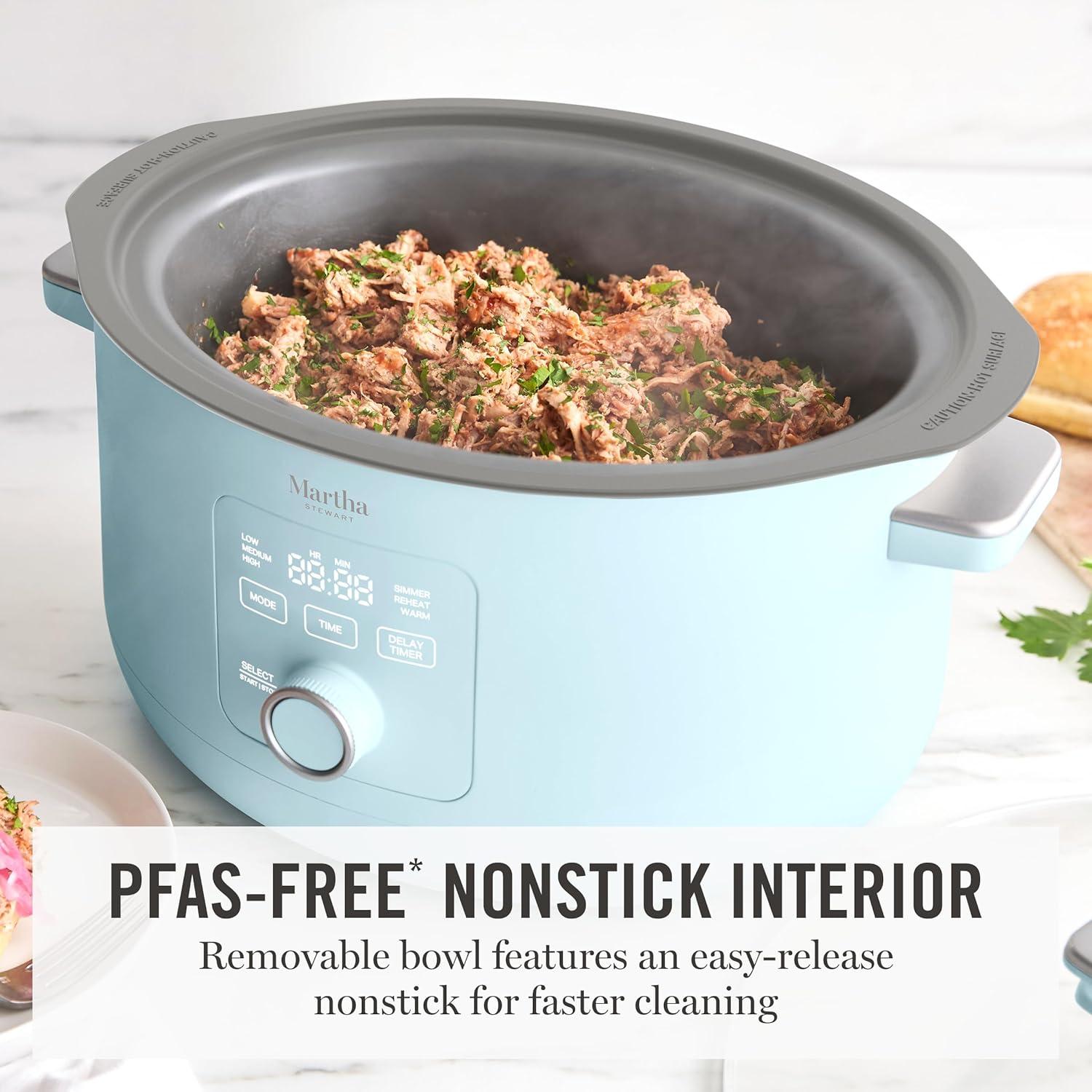 imageMartha Stewart 8 QT Slow Cooker Programmable with Timer 3 Heat Settings Low High Warm Nonstick Ceramic Removable Crock Stovetop amp Oven Safe Glass Lid Simmer Reheat Warm LinenSky Blue