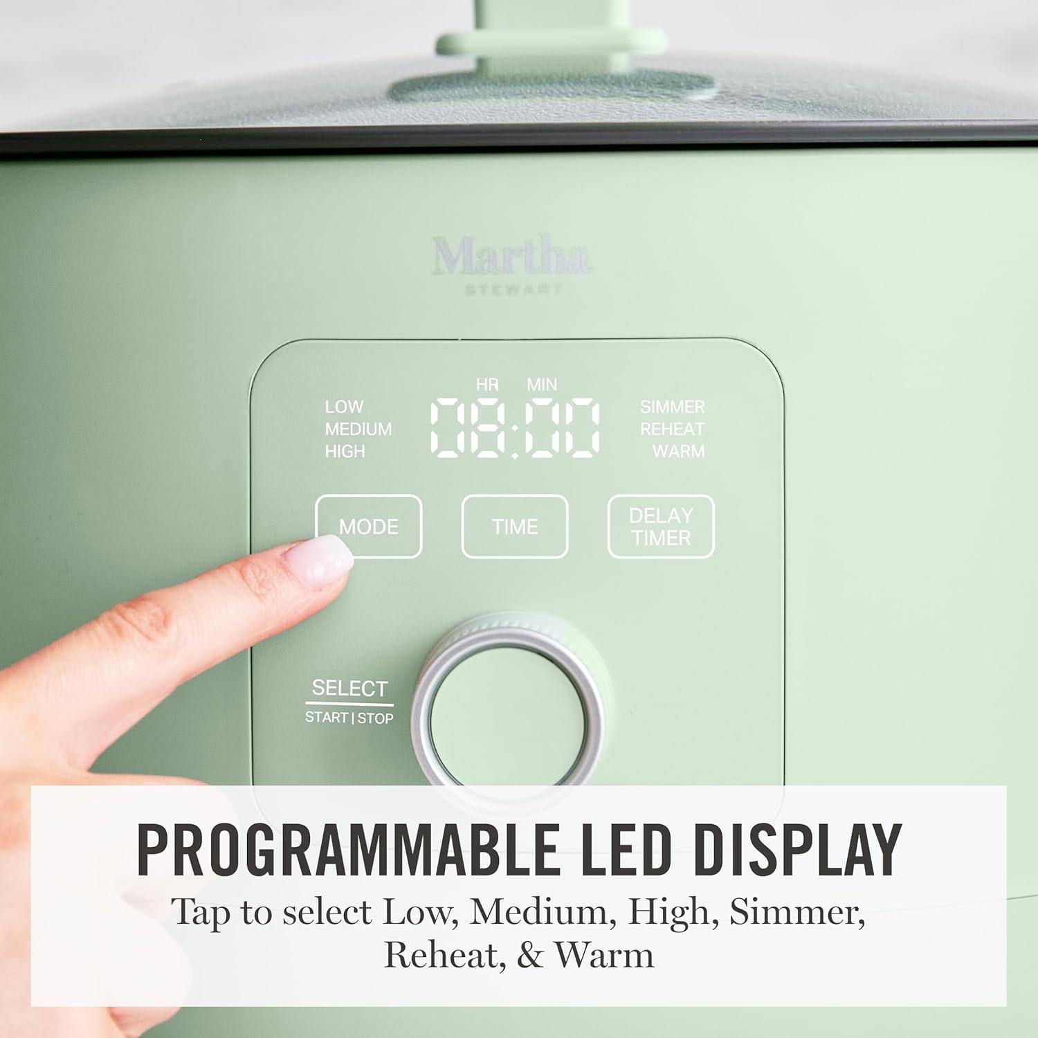 imageMartha Stewart 8 QT Slow Cooker Programmable with Timer 3 Heat Settings Low High Warm Nonstick Ceramic Removable Crock Stovetop amp Oven Safe Glass Lid Simmer Reheat Warm LinenHoneydew Green