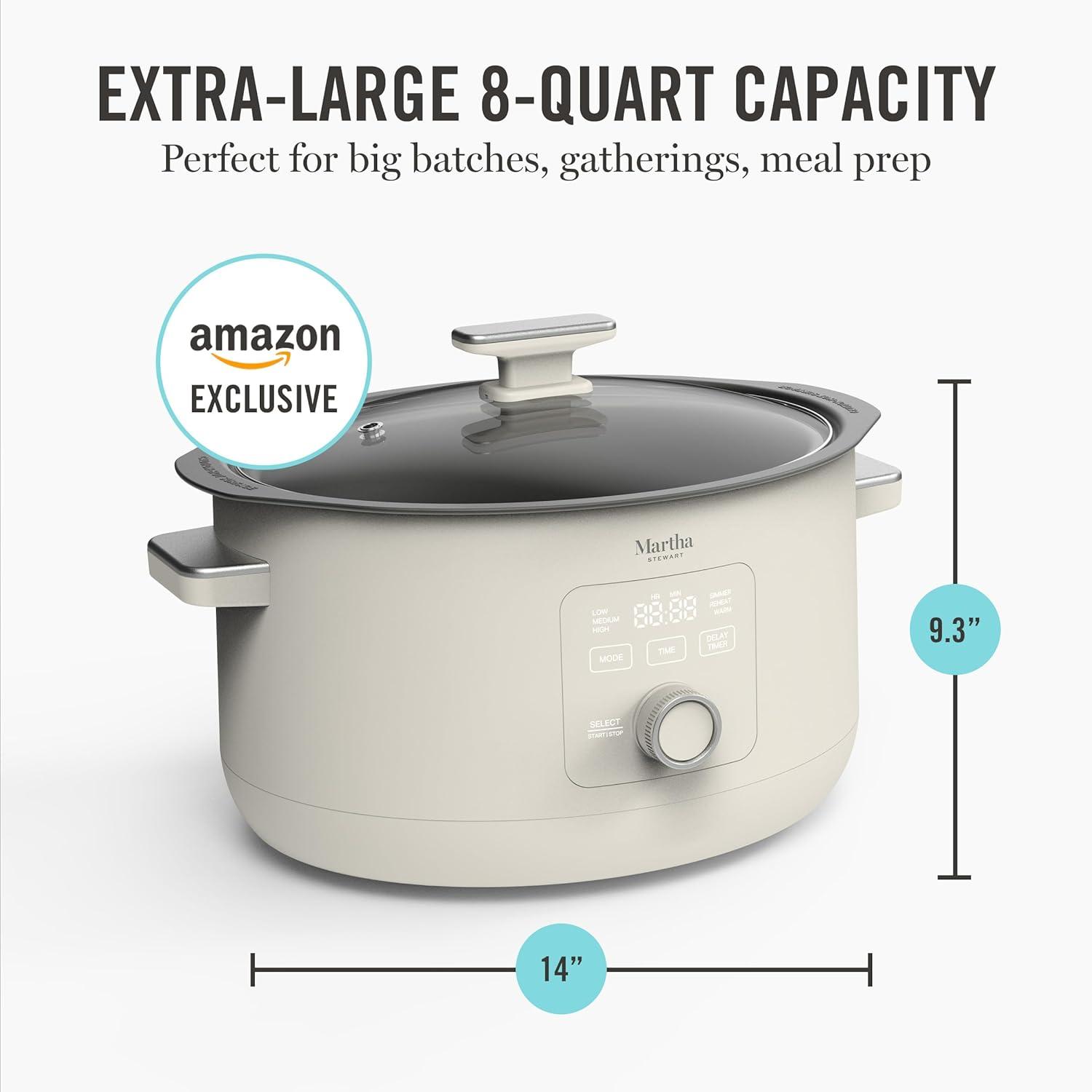 imageMartha Stewart 8 QT Slow Cooker Programmable with Timer 3 Heat Settings Low High Warm Nonstick Ceramic Removable Crock Stovetop amp Oven Safe Glass Lid Simmer Reheat Warm LinenLinen White