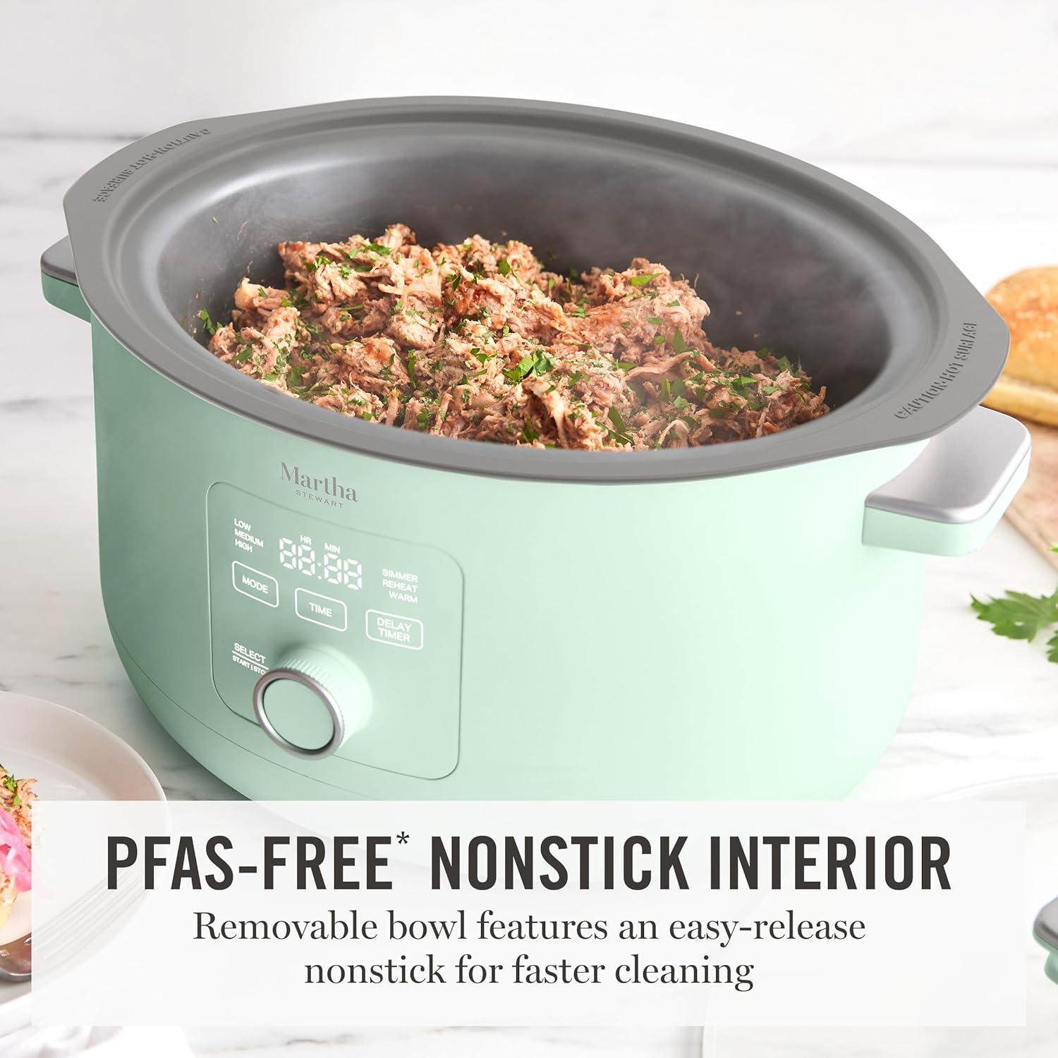imageMartha Stewart 8 QT Slow Cooker Programmable with Timer 3 Heat Settings Low High Warm Nonstick Ceramic Removable Crock Stovetop amp Oven Safe Glass Lid Simmer Reheat Warm LinenHoneydew Green