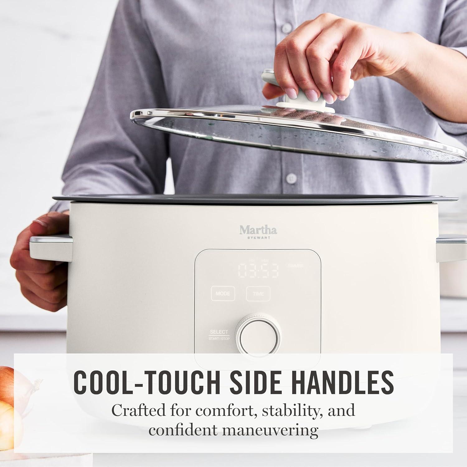imageMartha Stewart 8 QT Slow Cooker Programmable with Timer 3 Heat Settings Low High Warm Nonstick Ceramic Removable Crock Stovetop amp Oven Safe Glass Lid Simmer Reheat Warm LinenLinen White
